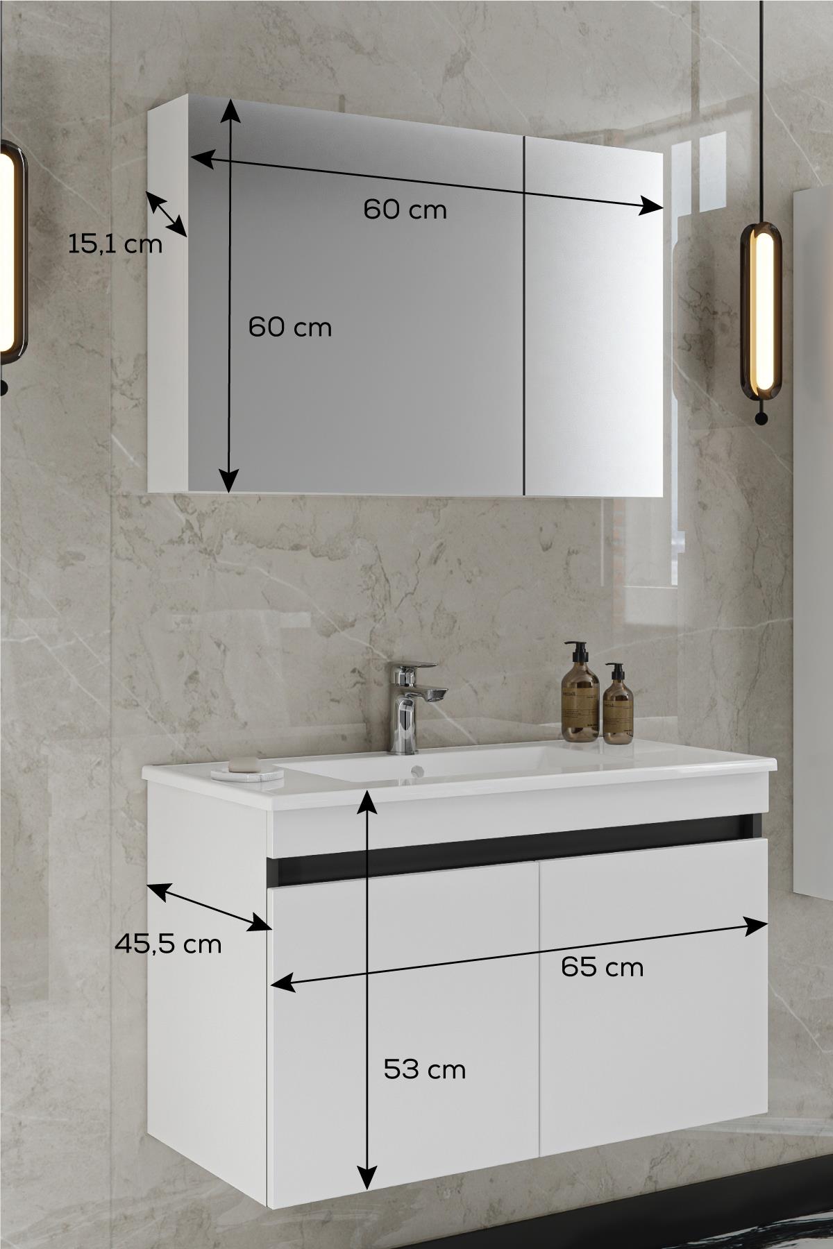 Banyo Idil 65 Cm Banyo Dolabı Aynalı Dolaplı Üst Dolap Lavabo - Balneom