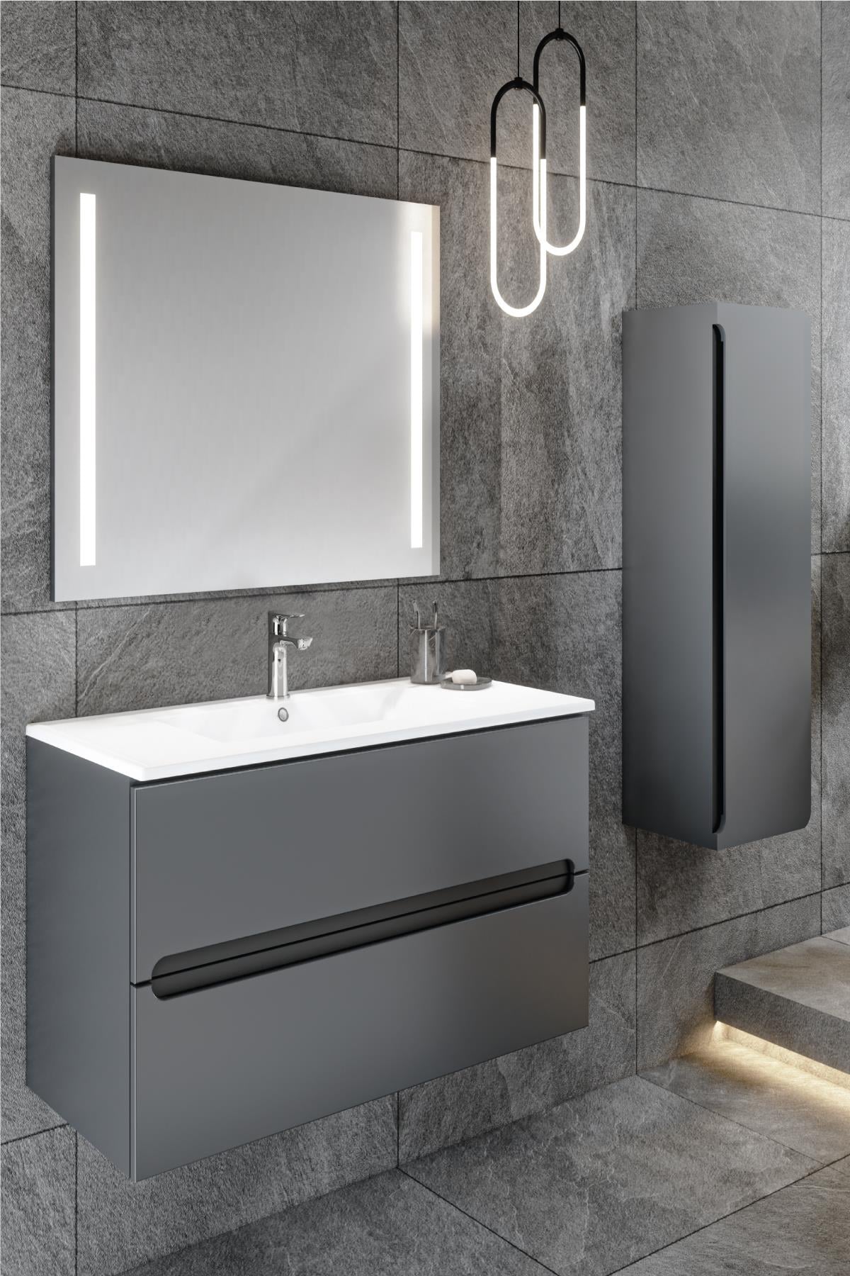 Banyo Kadife Antrasit Mat High Gloss 80 Cm Banyo Dolabı Ledli Aynalı Üst Dolap Boy Dolabı 
