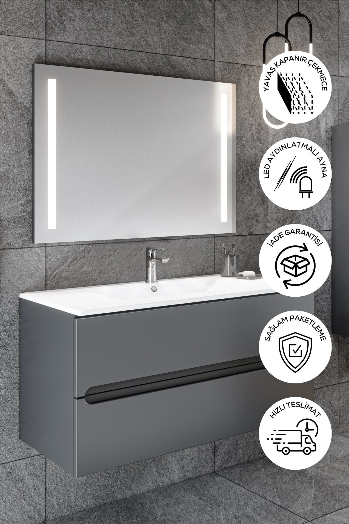 Banyo Kadife Antrasit Soft Mat Hıgh Gloss 80 Cm Banyo Dolabı Led Işıklı Aynalı Üst Dolap 