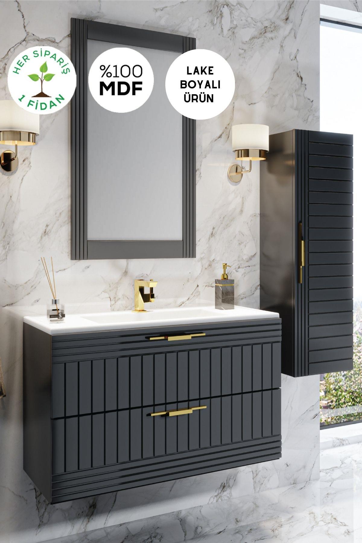 Erguvan ANT 100 Cm Banyo Dolabı Ayna Lavabo Boy Dolabı