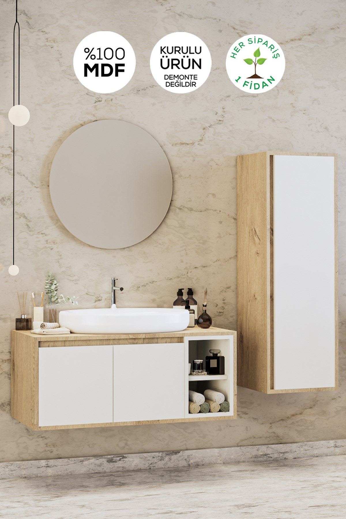 Gül Beyaz 70 Cm Banyo Dolabı Ayna Lavabo Boy Dolabı - Balneom