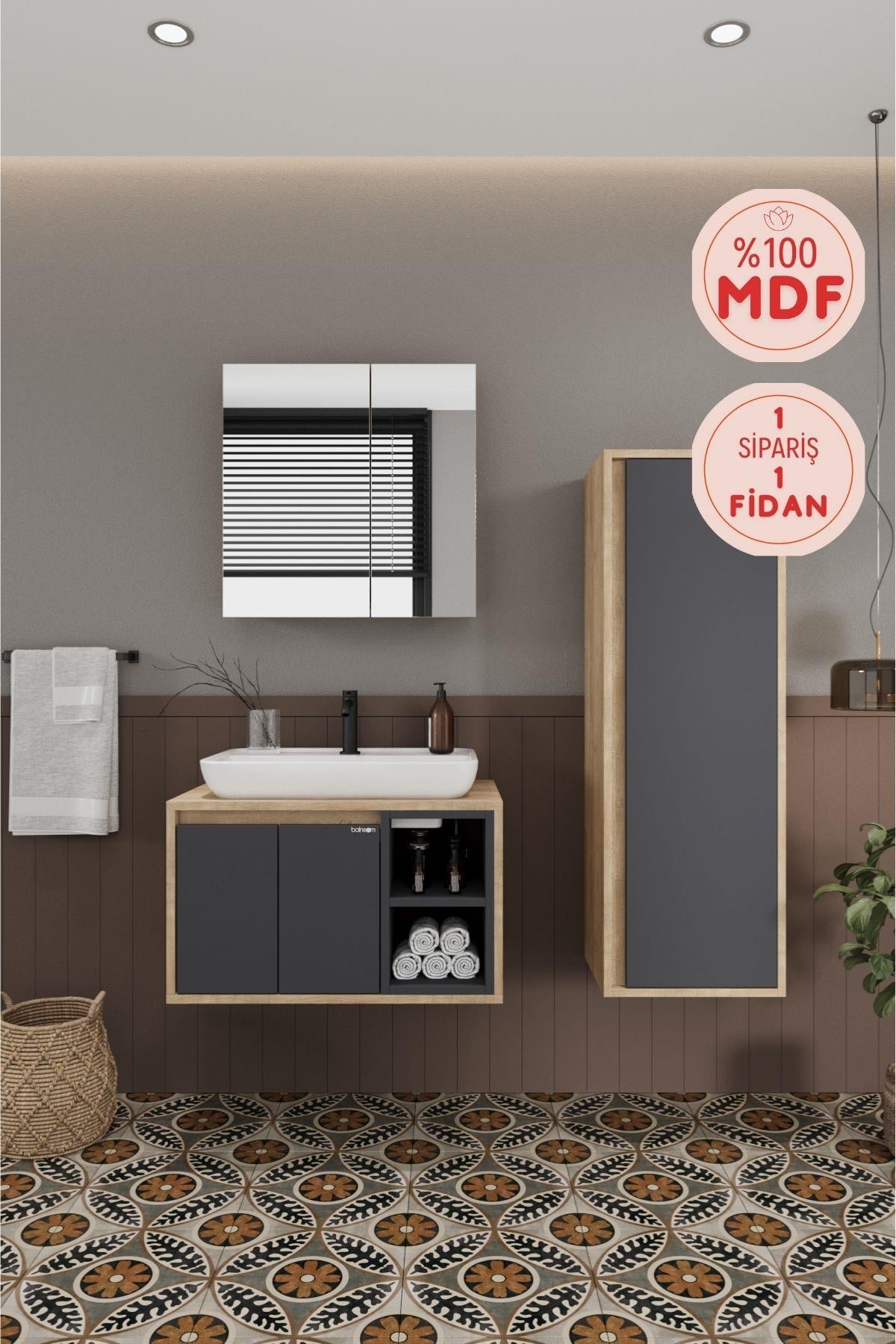 Lale 70 Cm set  %100 Mdf Lavabolu Banyo Dolabı + Aynalı Dolap + Boy Dolabı__BALNEOM_Lale  70 cm set