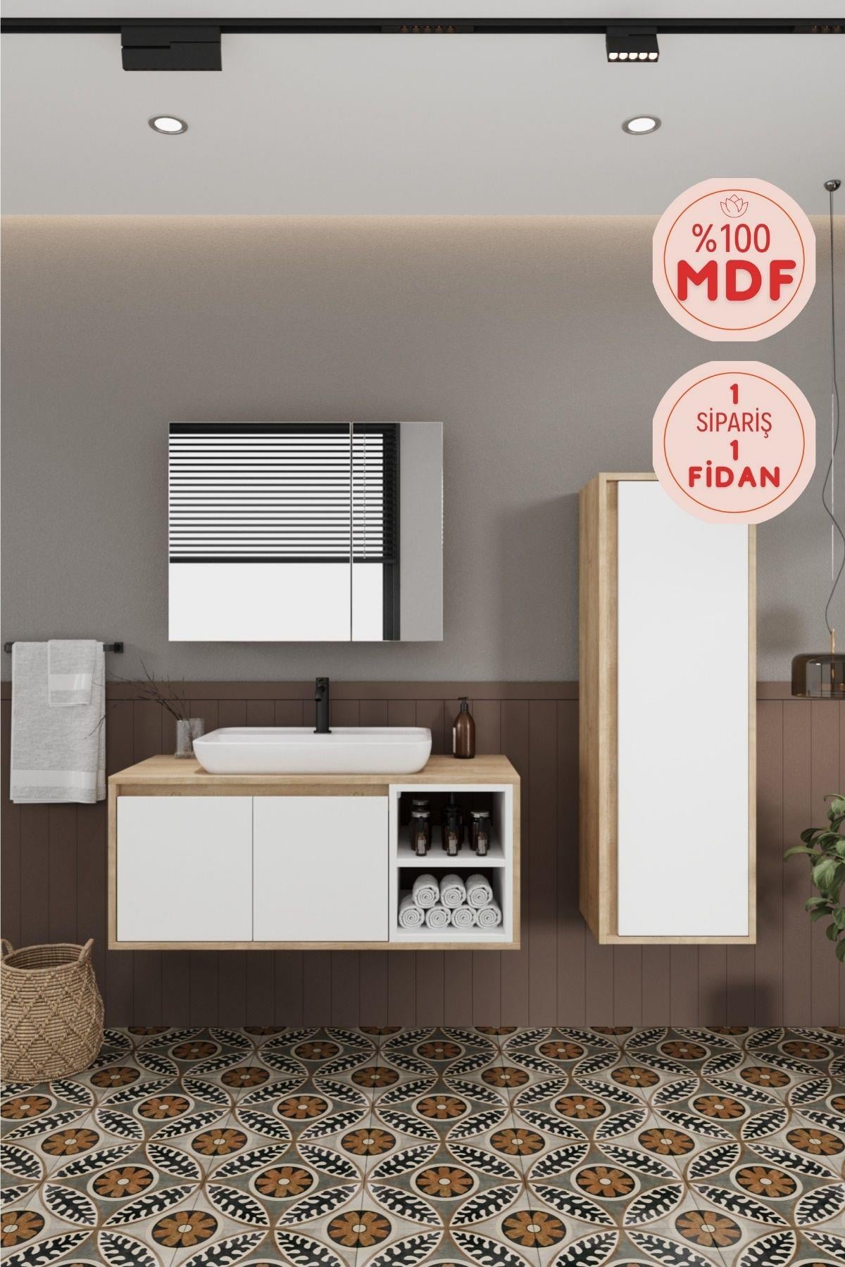Lale Beyaz 100 Cm %100 Mdf Lavabolu Banyo Dolabı + Aynalı Dolap + Boy Dolabı__BALNEOM_Lale Beyaz 100 cm set