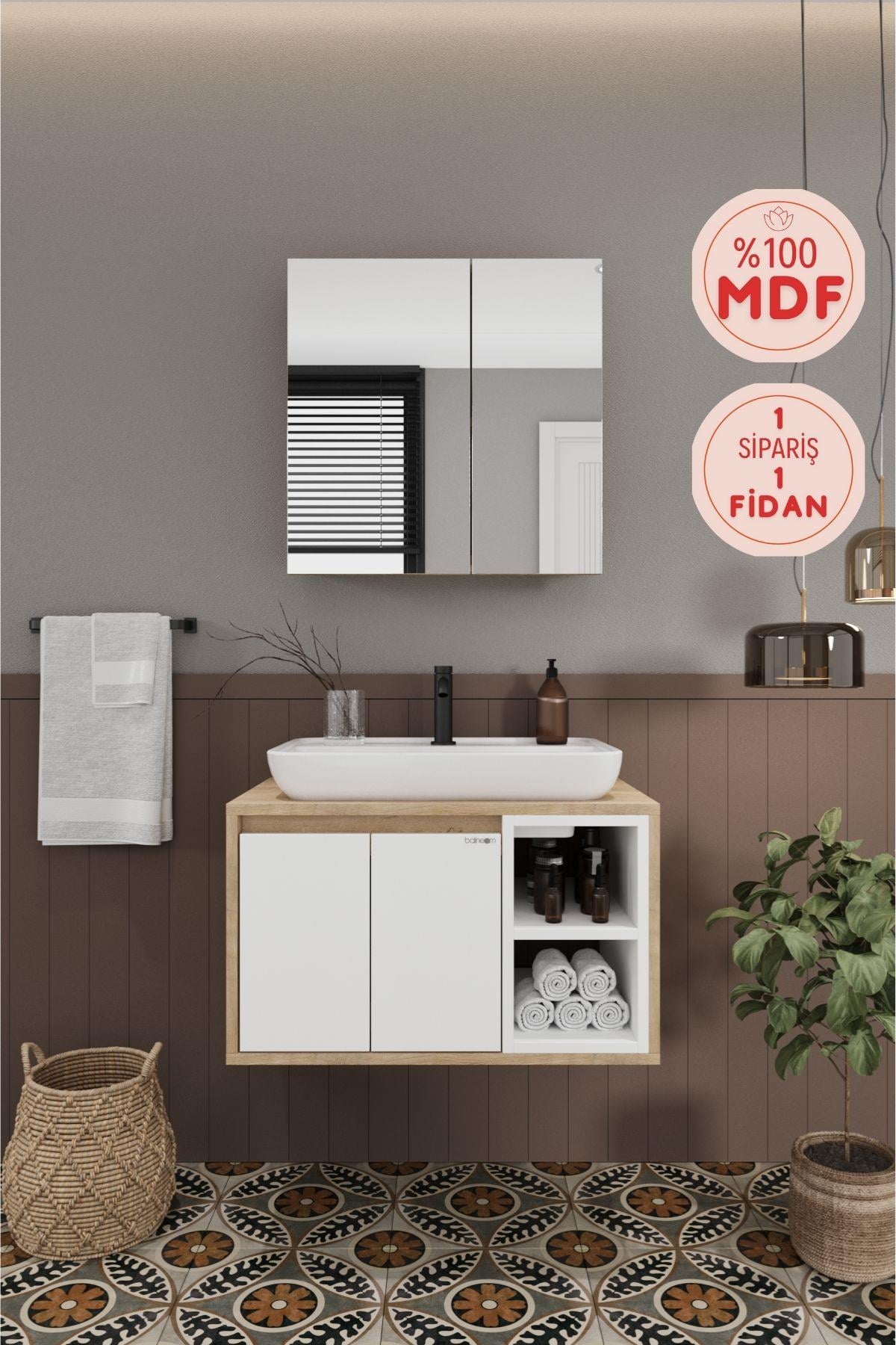 Lale Beyaz 70 cm %100 Mdf Lavabolu Banyo  Dolabı + Aynalı Dolap__BALNEOM_Lale Beyaz 70 cm