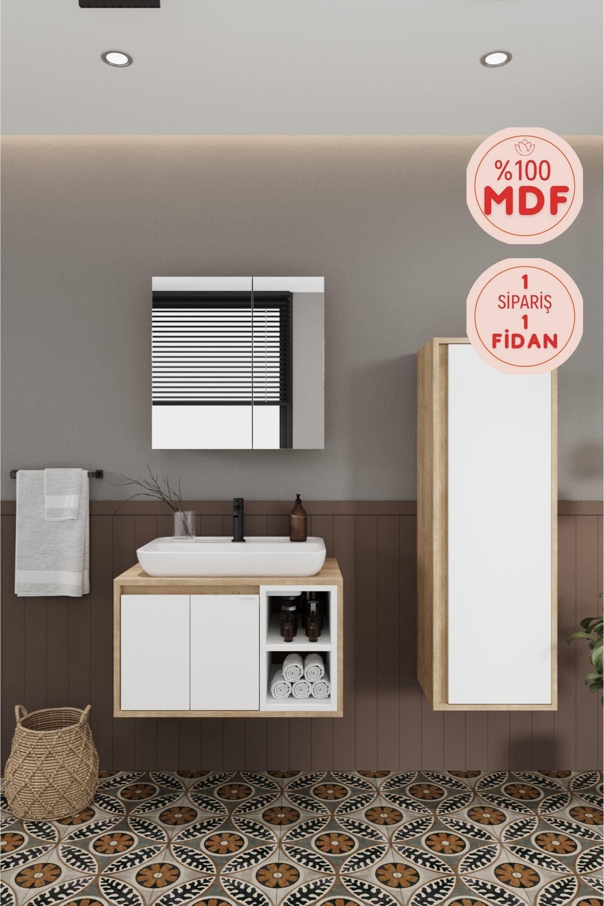 Lale Beyaz 70 Cm Set %100 Mdf Lavabolu Banyo Dolabı Aynalı Dolap Boy Dolabı__BALNEOM_Lale  Beyaz 70 cm set