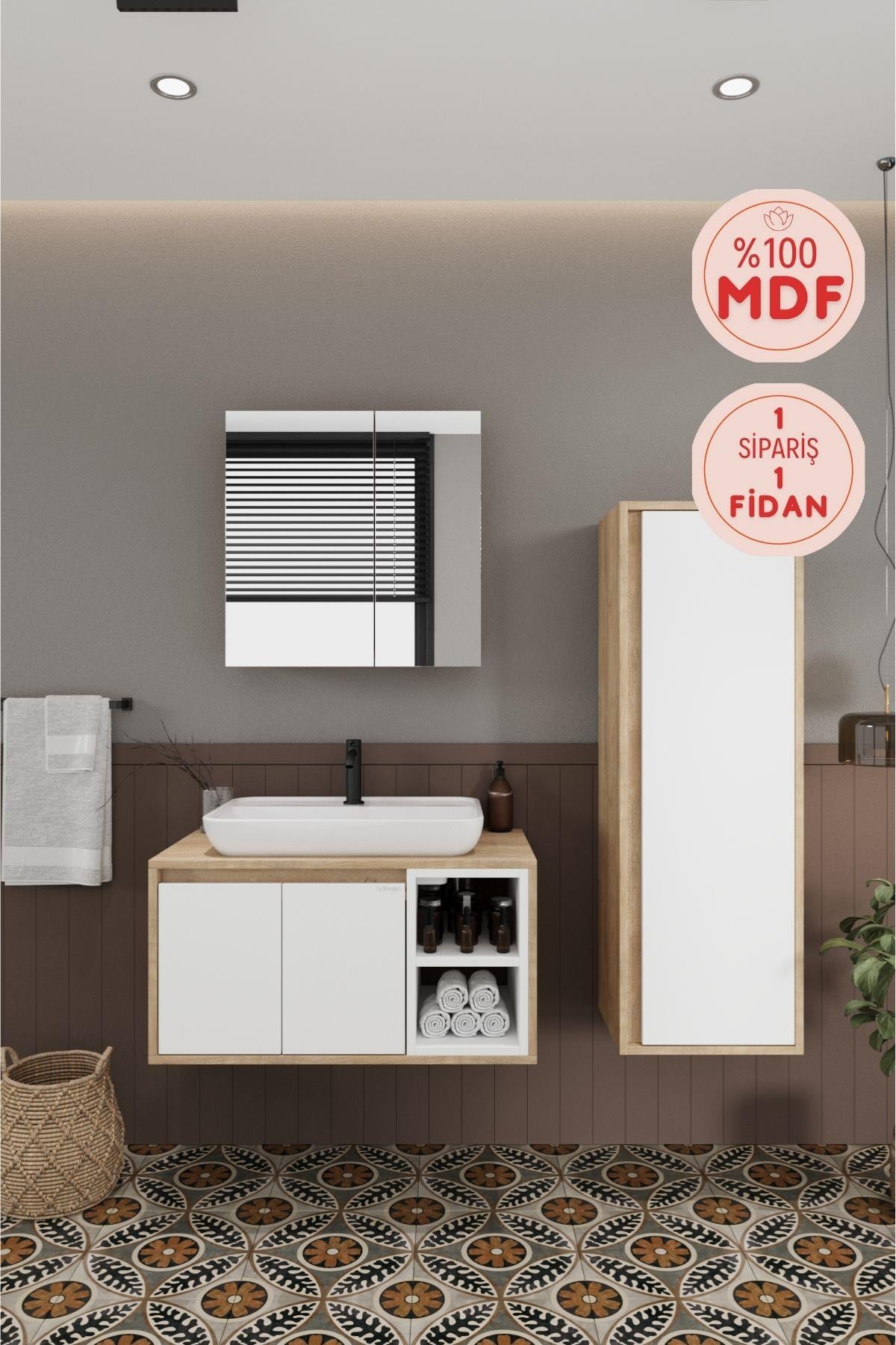 Lale Beyaz 80 Cm %100 Mdf Lavabolu Banyo Dolabı + Aynalı Dolap+ Boy Dolabı__BALNEOM_Lale Beyaz 80 cm set