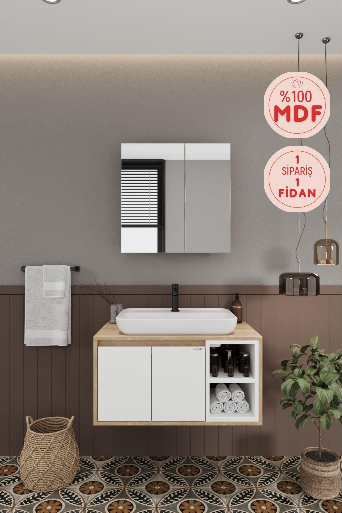 Lale Beyaz 80 Cm %100 Mdf Lavabolu Banyo Dolabı + Aynalı Dolap__BALNEOM_Lale Beyaz 80 cm