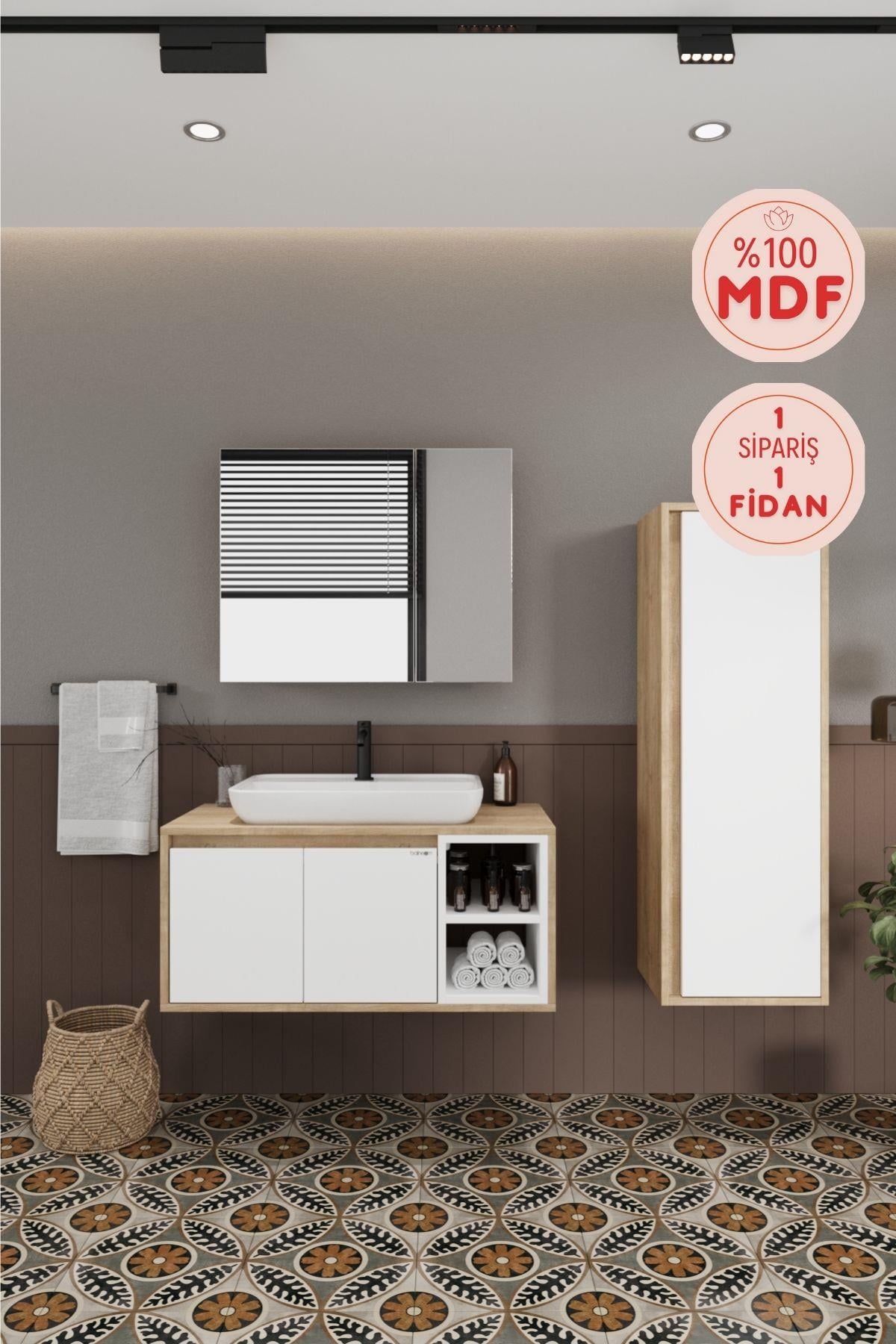 Lale Beyaz 90 Cm %100 Mdf Lavabolu Banyo Dolabı + Boy Dolabı__BALNEOM_Lale Beyaz 90 cm set