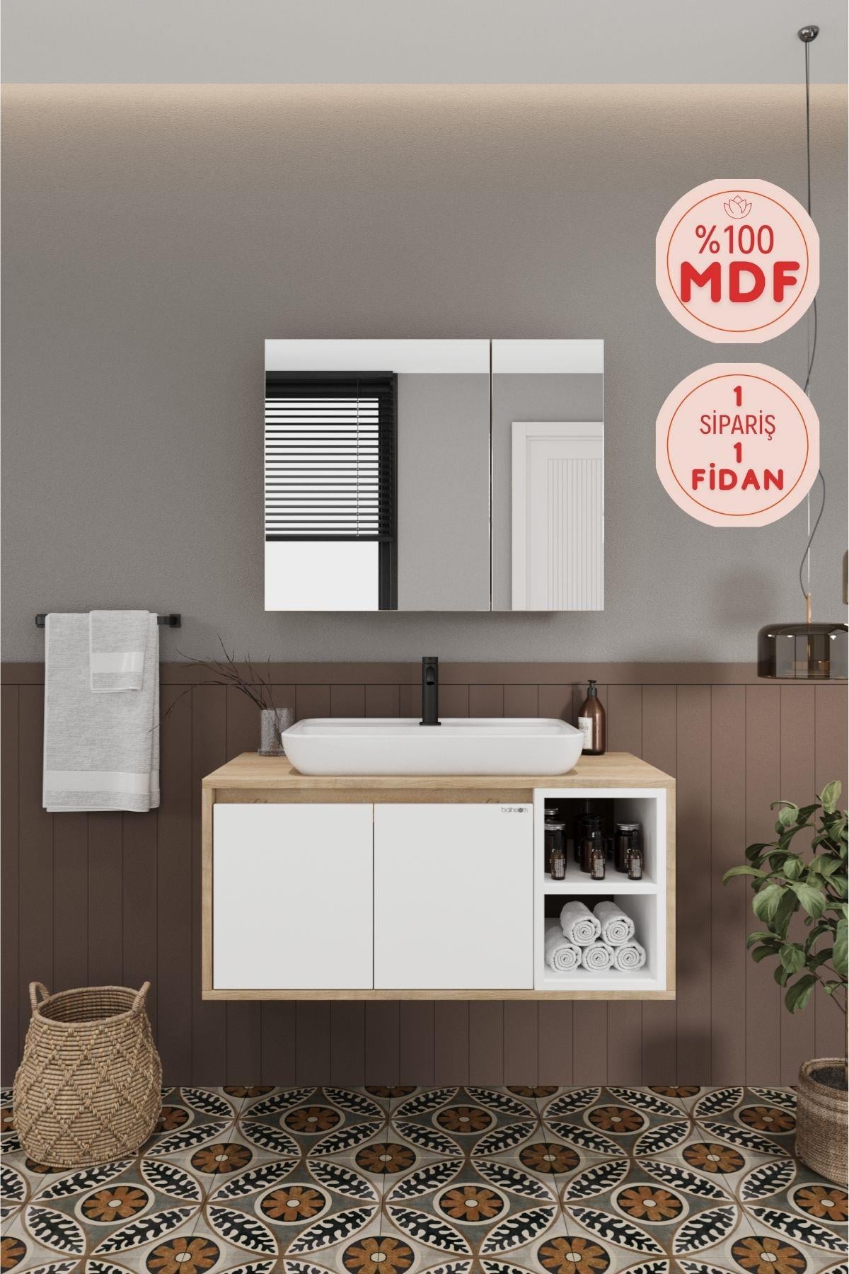 Lale Beyaz 90 Cm %100 Mdf Lavabolu Banyo Dolabı + Aynalı Dolap__BALNEOM_Lale Beyaz 90 cm