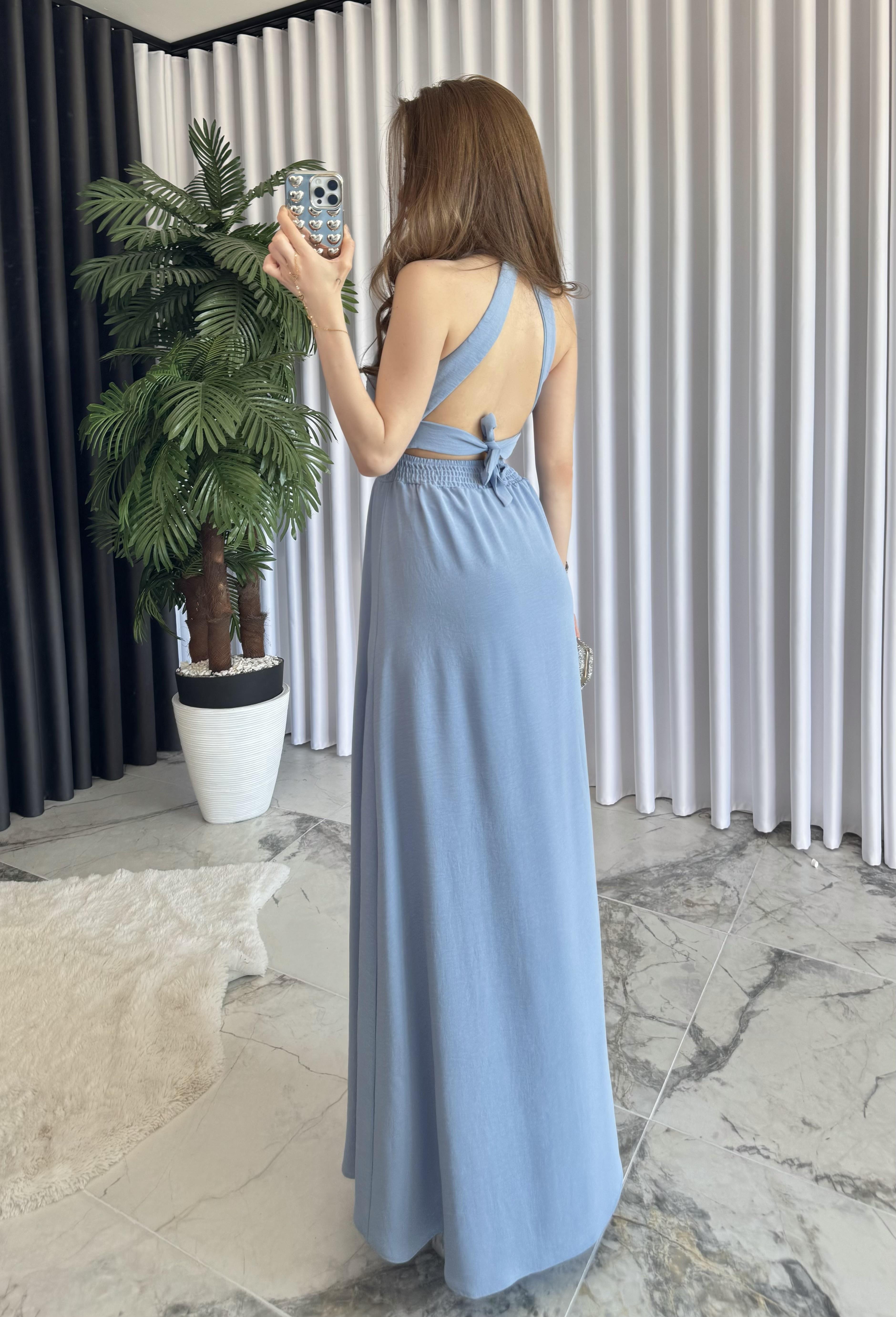 Bağlamalı Sırt Dekolteli Krep Maxi Elbise