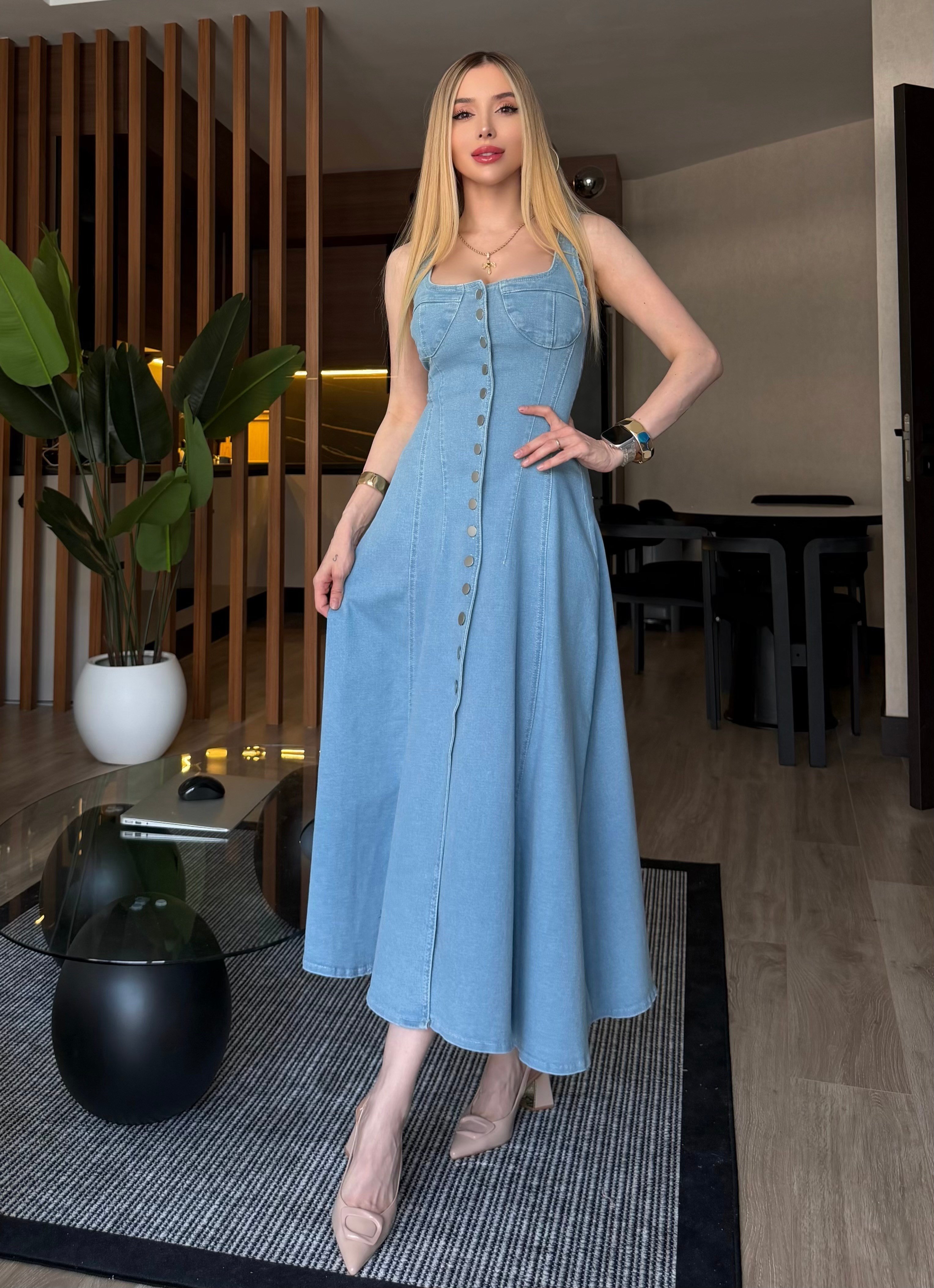 Denim Grace Korsaj Detaylı Düğmeli Midi Elbise