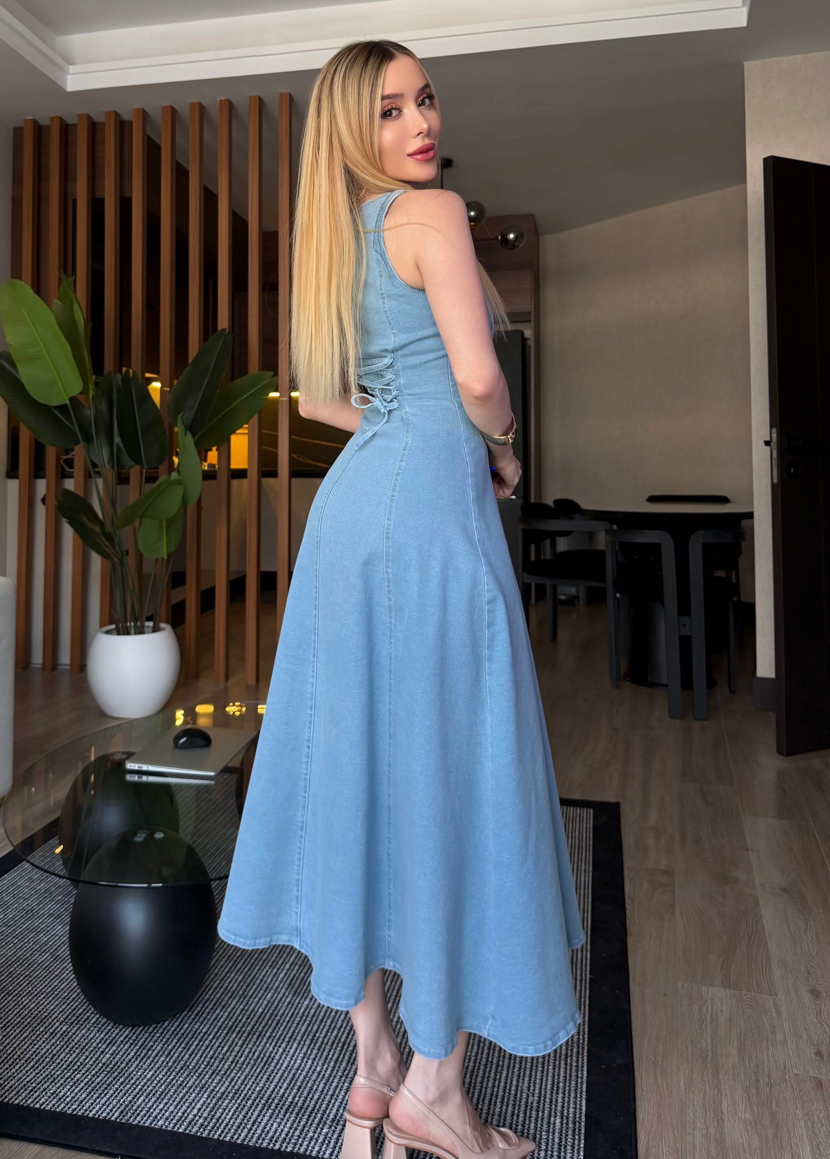 Denim Grace Korsaj Detaylı Düğmeli Midi Elbise