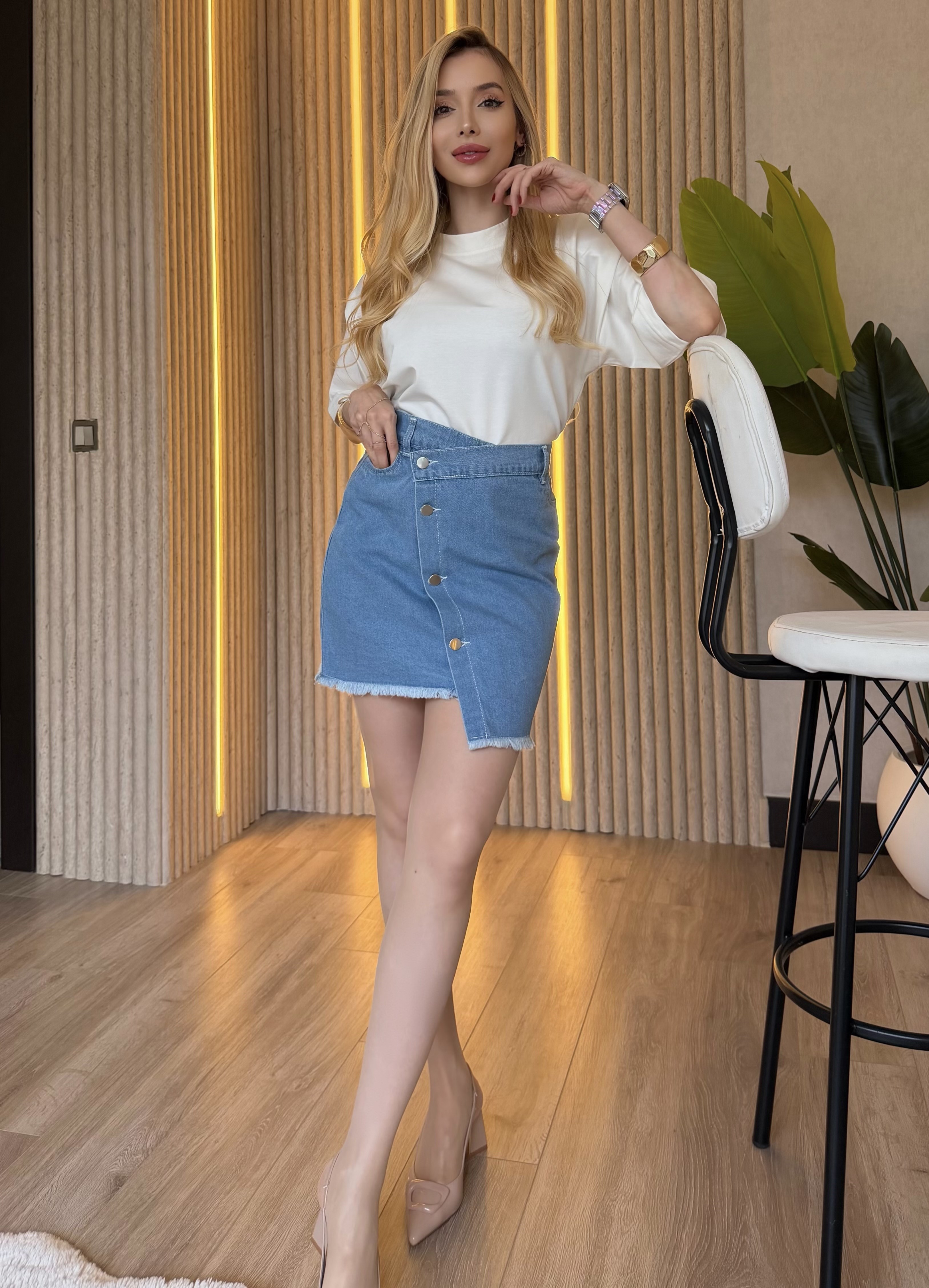 Denim Mood Vatkalı Oversize Tişört Denim Etek Takım