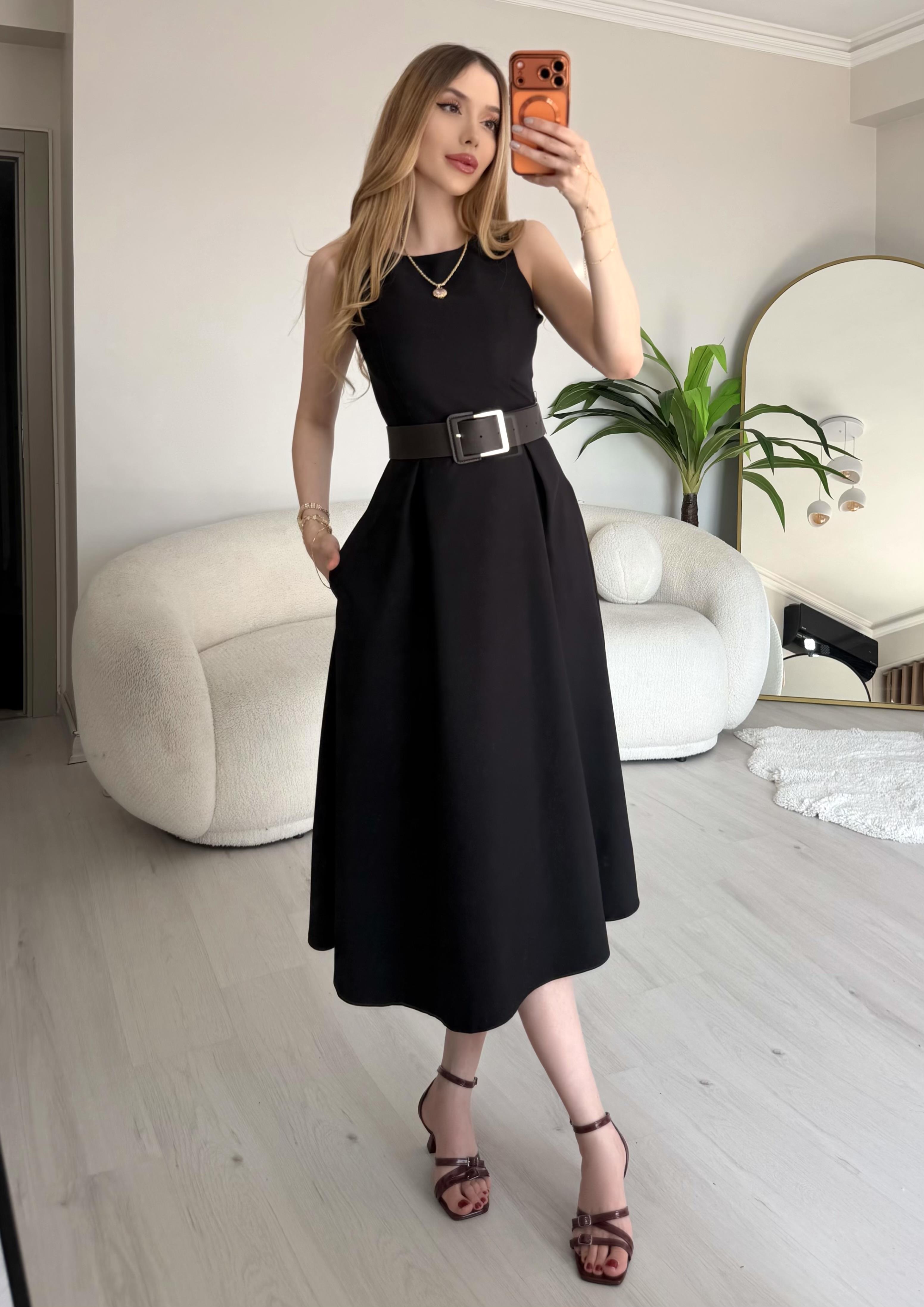 Elegance Flow Halter Midi Dress Siyah