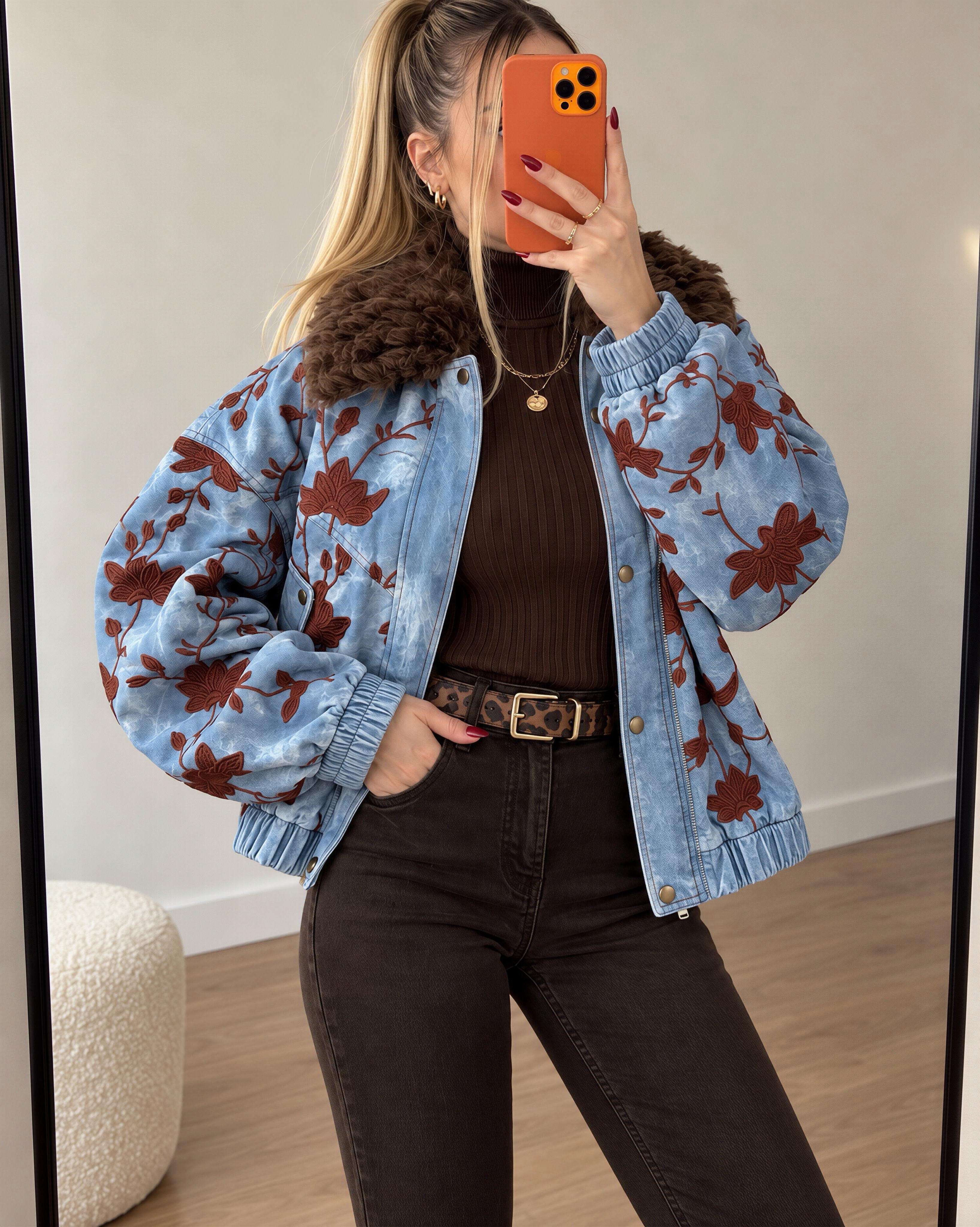 Flora Denim Effect Su Geçirmez Suni Deri Bomber Ceket