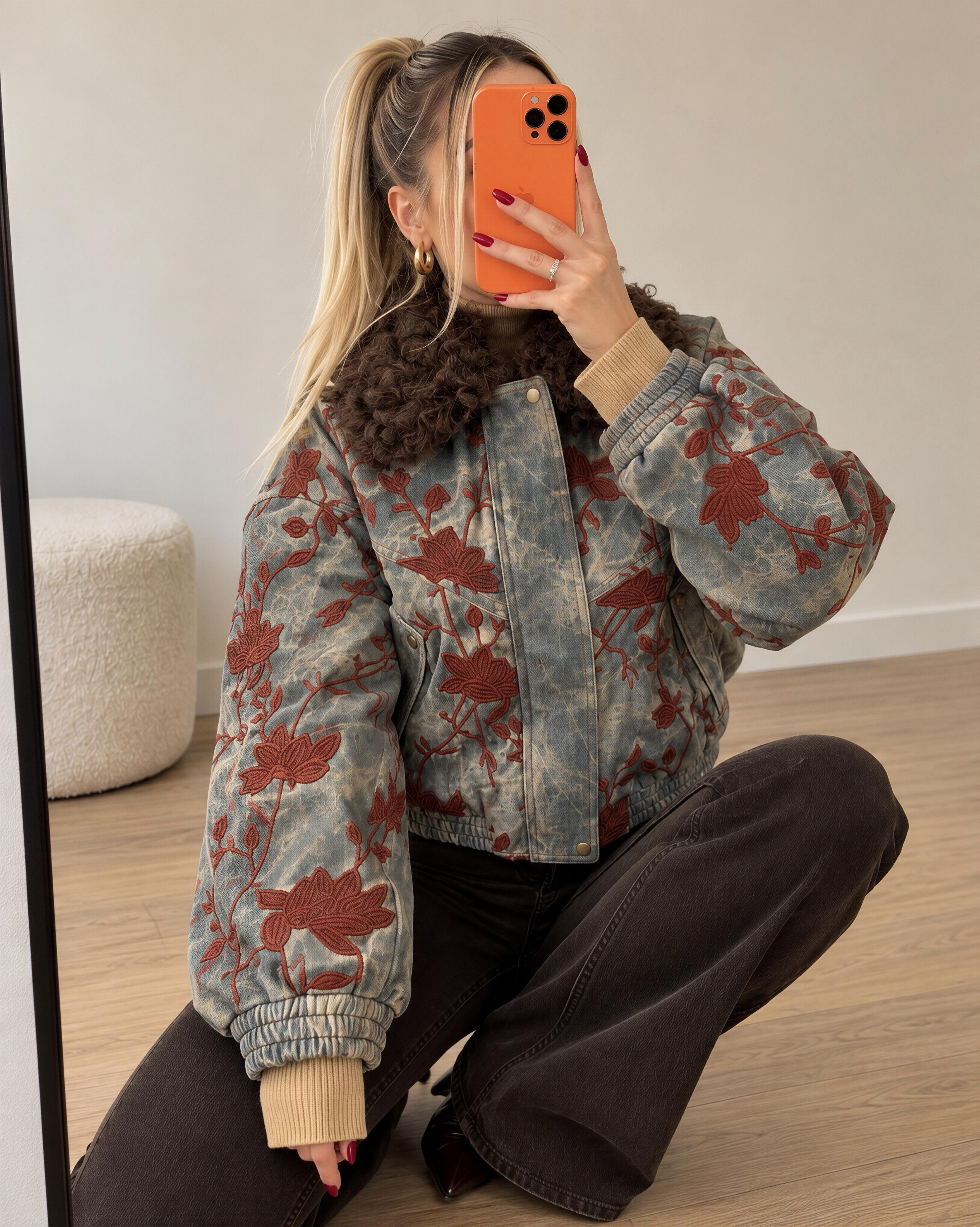 Flora Denim Effect Su Geçirmez Suni Deri Bomber Ceket