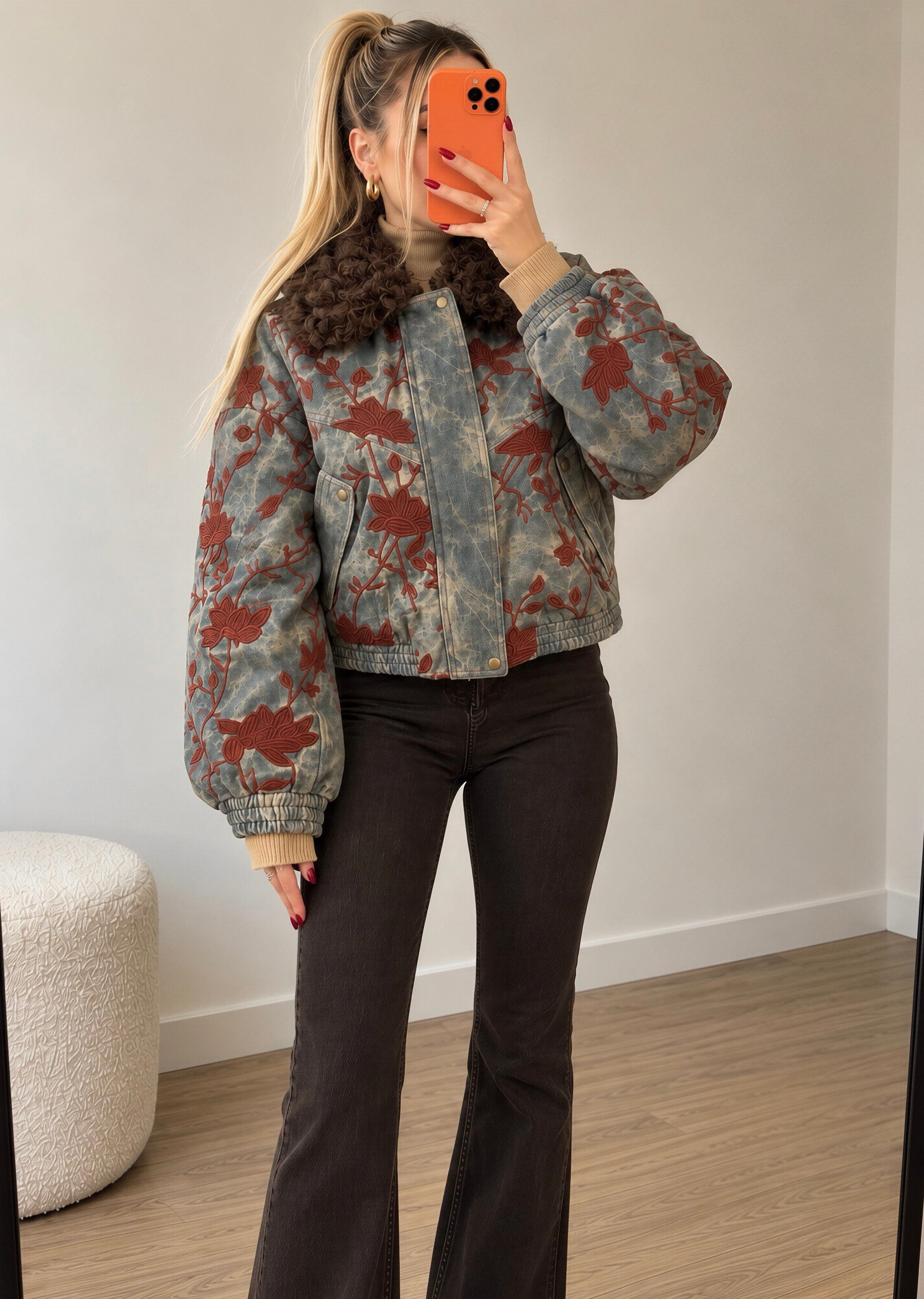 Flora Denim Effect Su Geçirmez Suni Deri Bomber Ceket