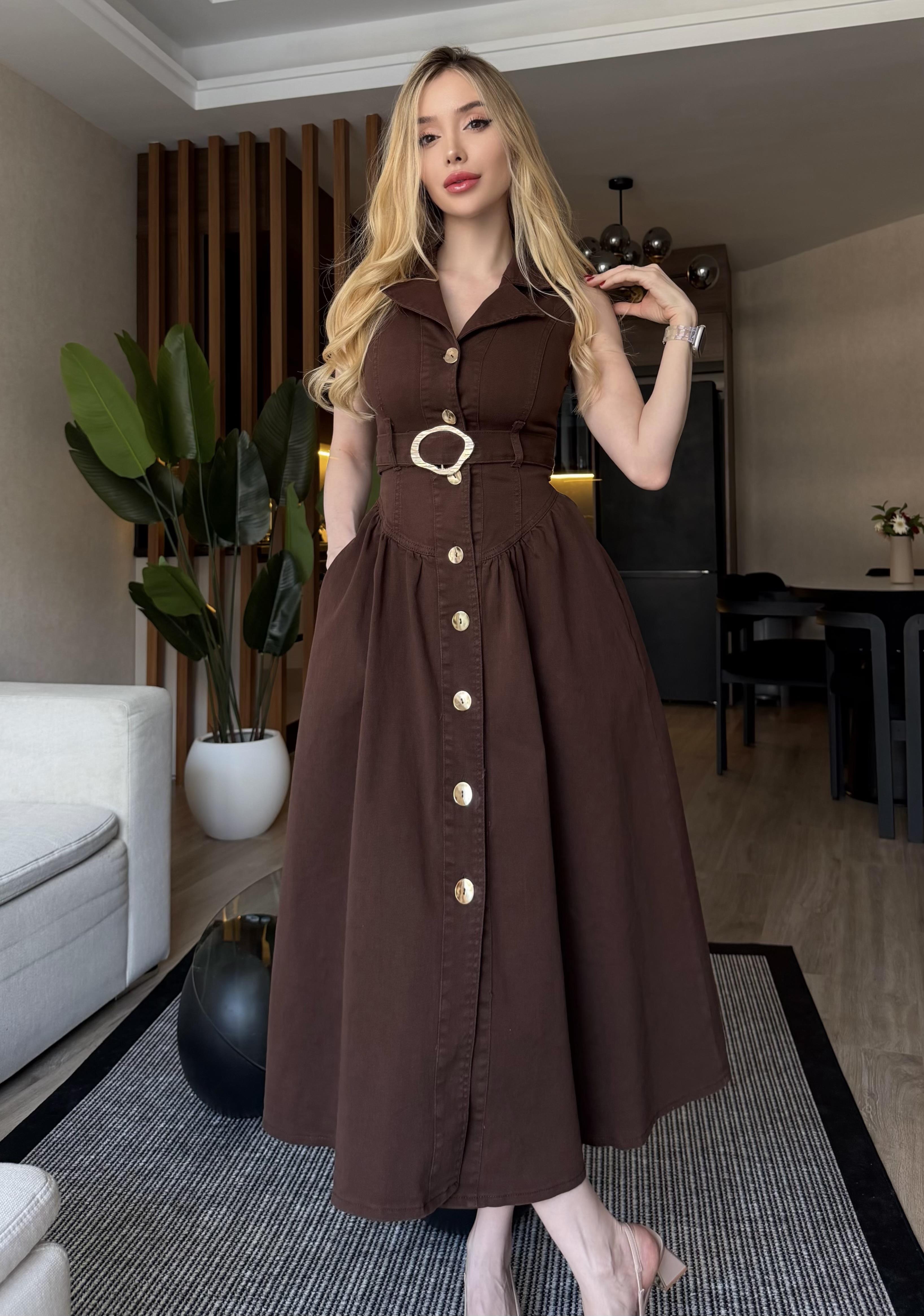 Gold Kemerli Denim Elegance Elbise Kahve