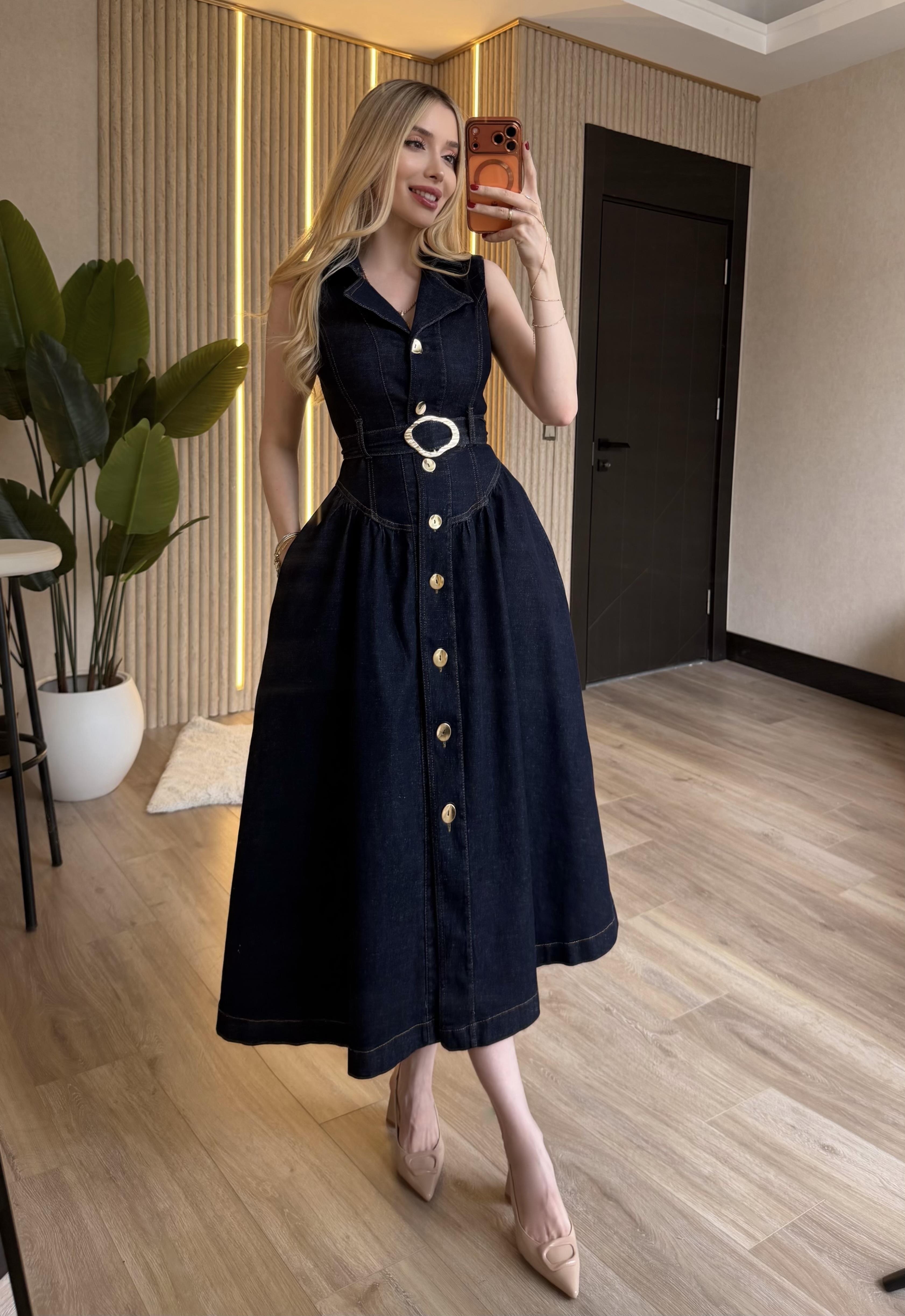 Gold Kemerli Denim Elegance Elbise Lacivert