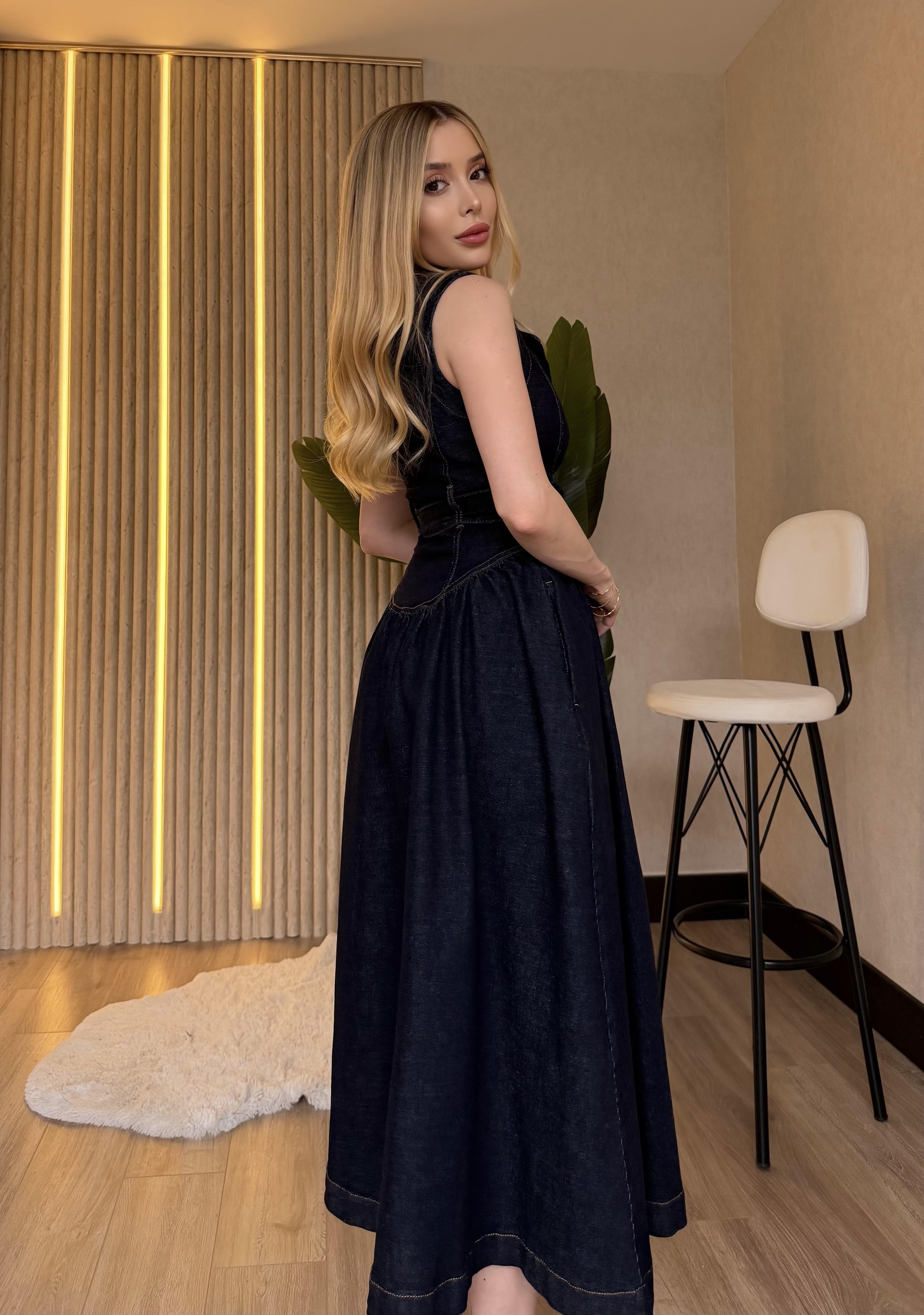 Gold Kemerli Denim Elegance Elbise Lacivert