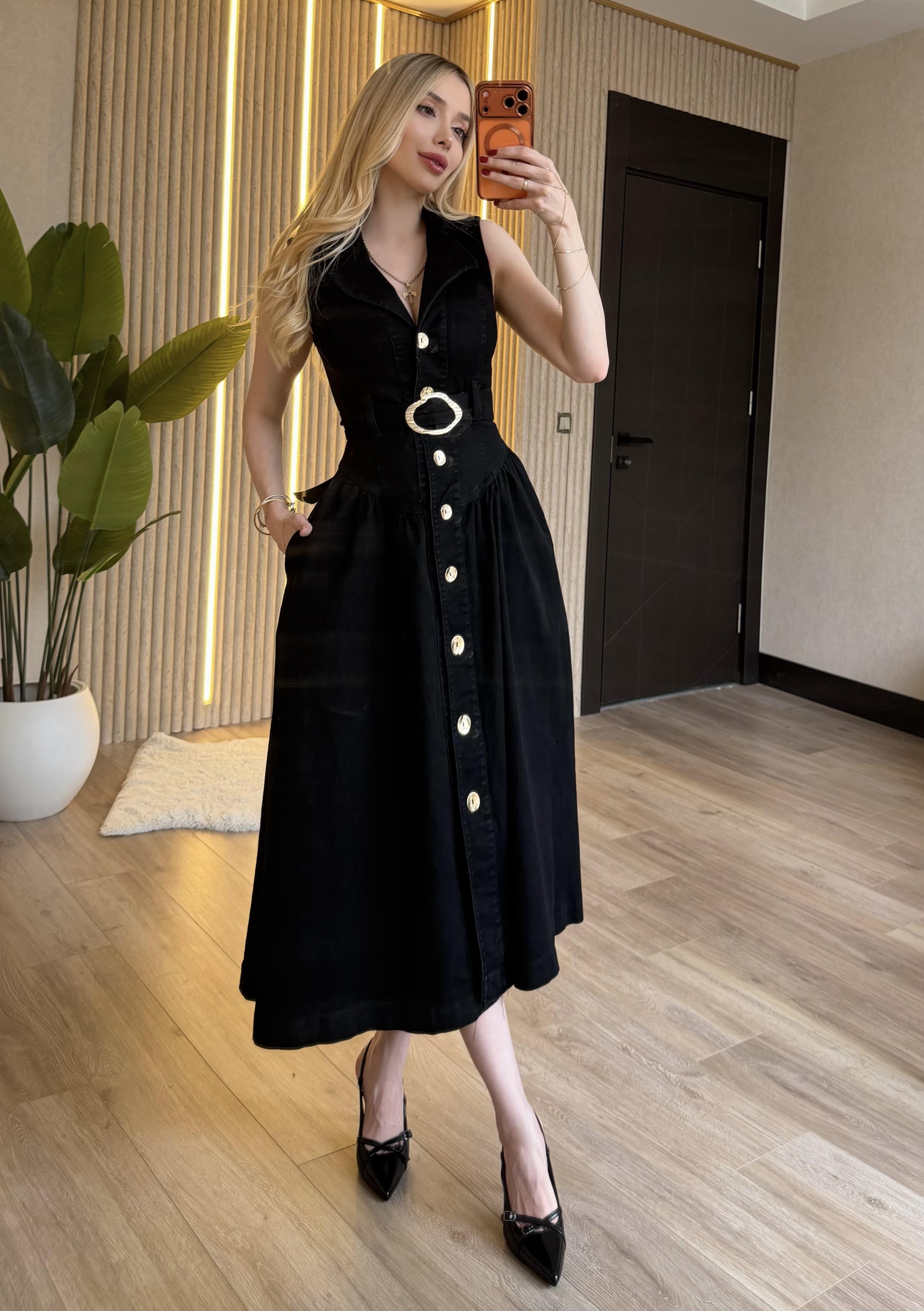 Gold Kemerli Denim Elegance Elbise Siyah