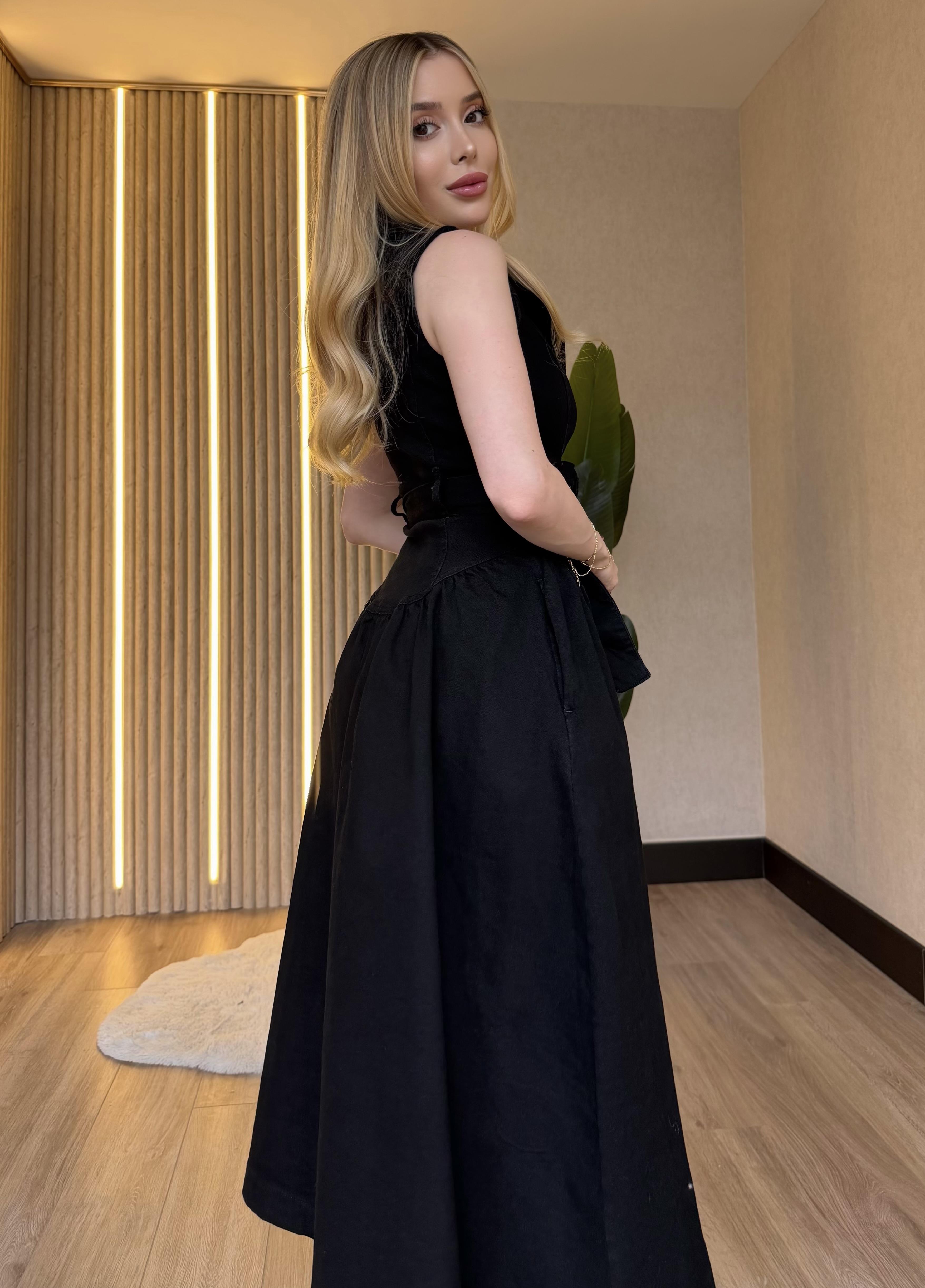 Gold Kemerli Denim Elegance Elbise Siyah