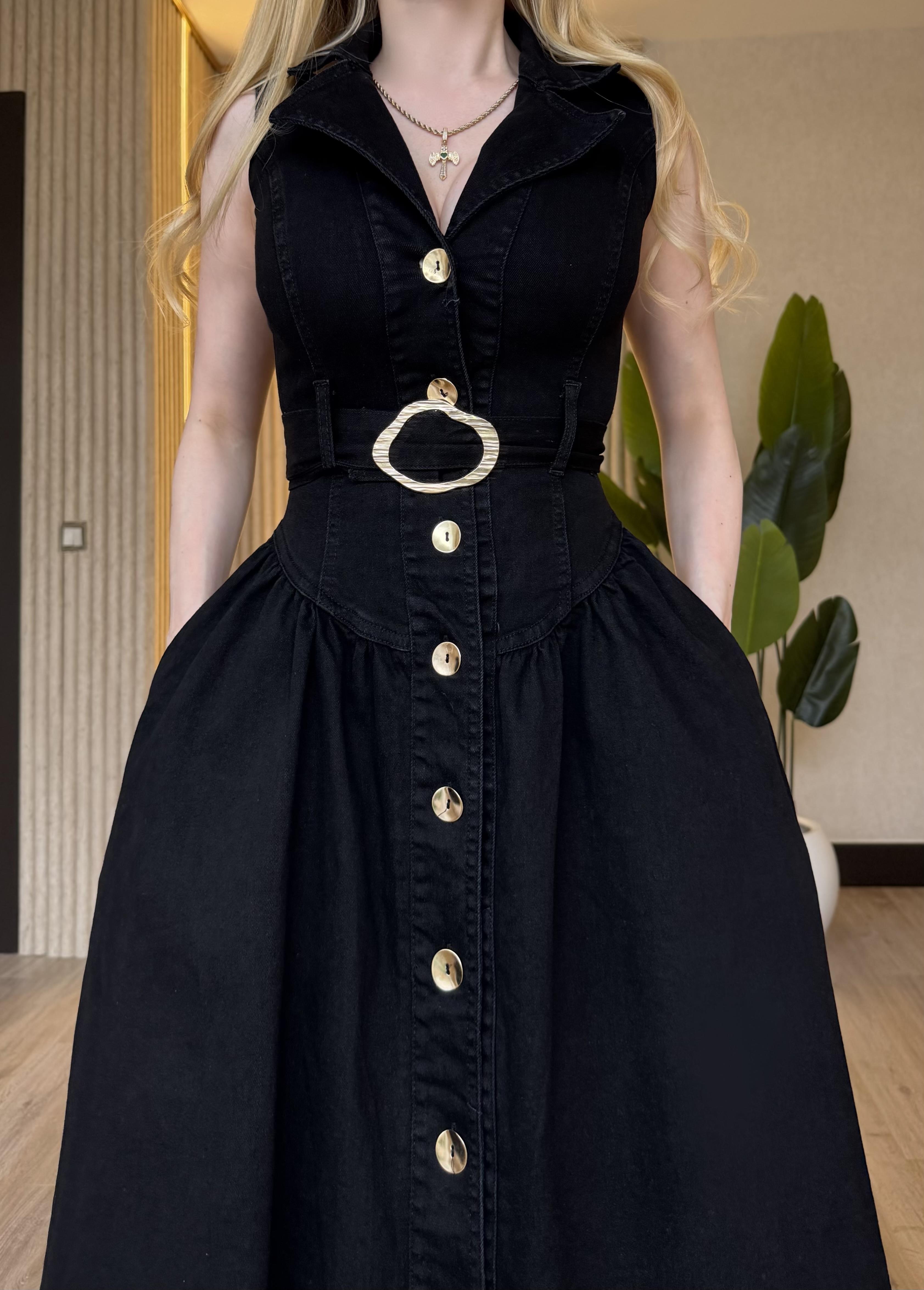 Gold Kemerli Denim Elegance Elbise Siyah