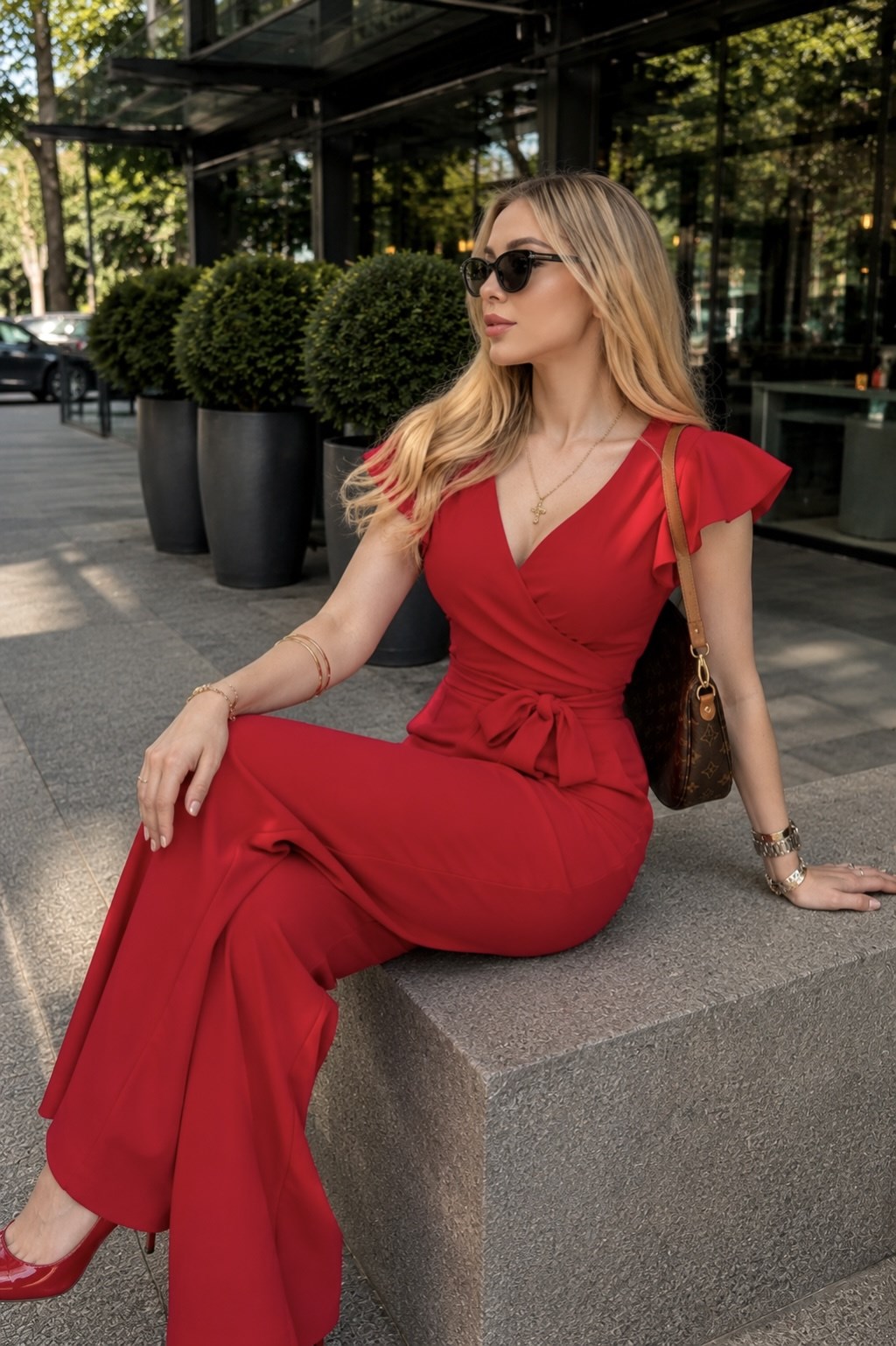 Kruvaze Yaka Kuşaklı Bella Noir Elegance Tulum Kırmızı
