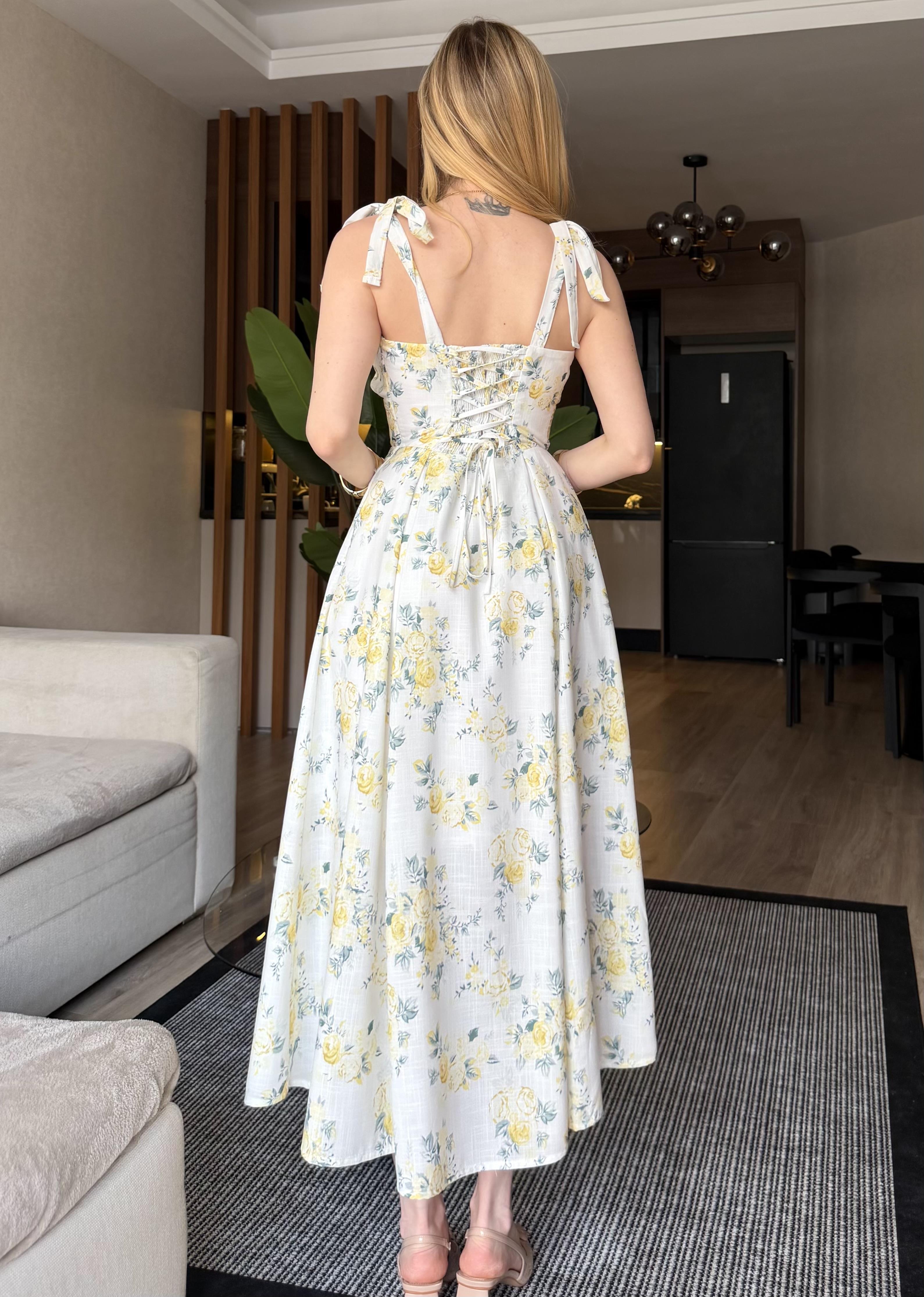 Lemon Blossom Bağlama Detaylı Midi Elbise