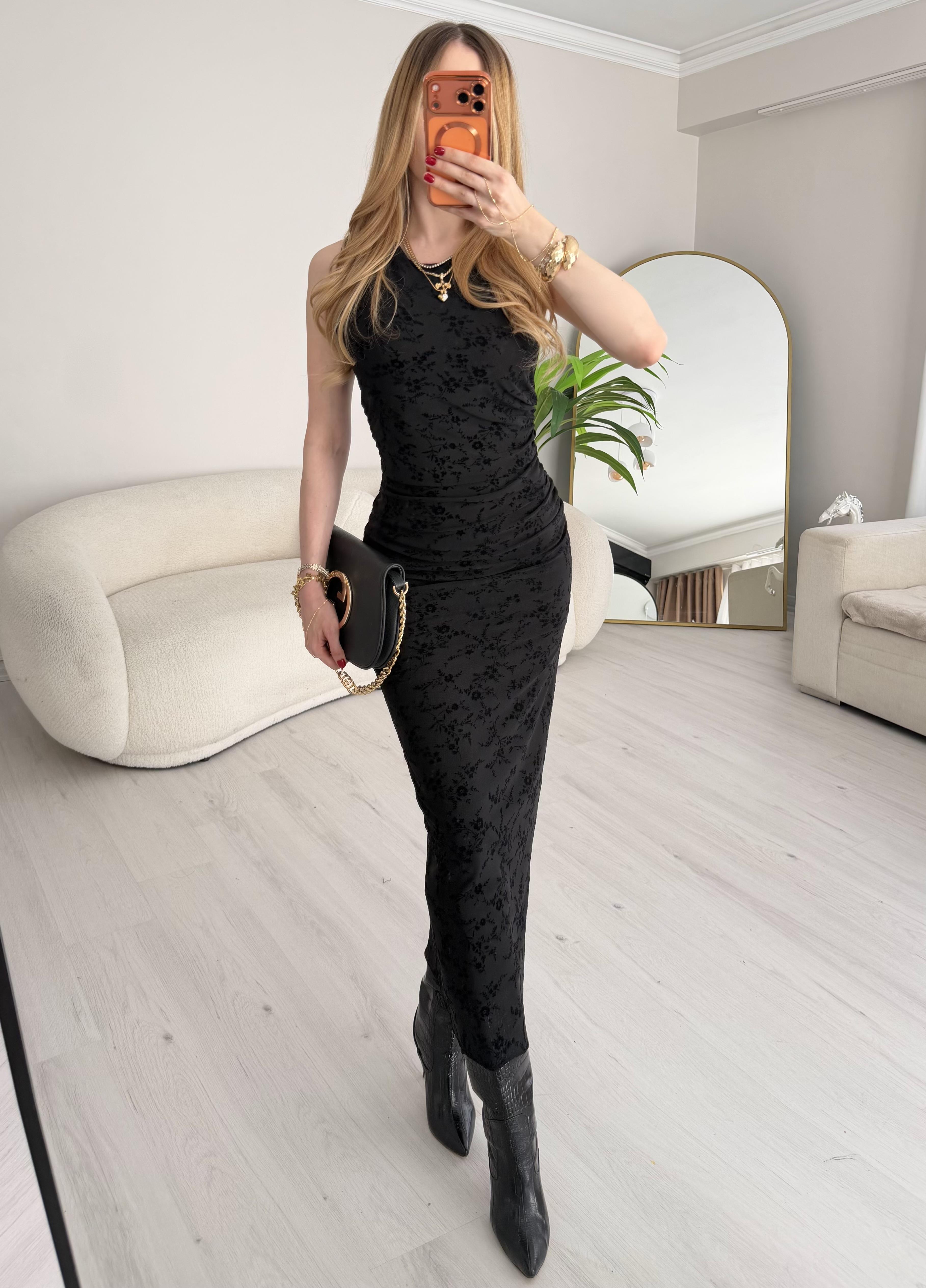 Midnight Bloom Fit Midi Elbise Siyah