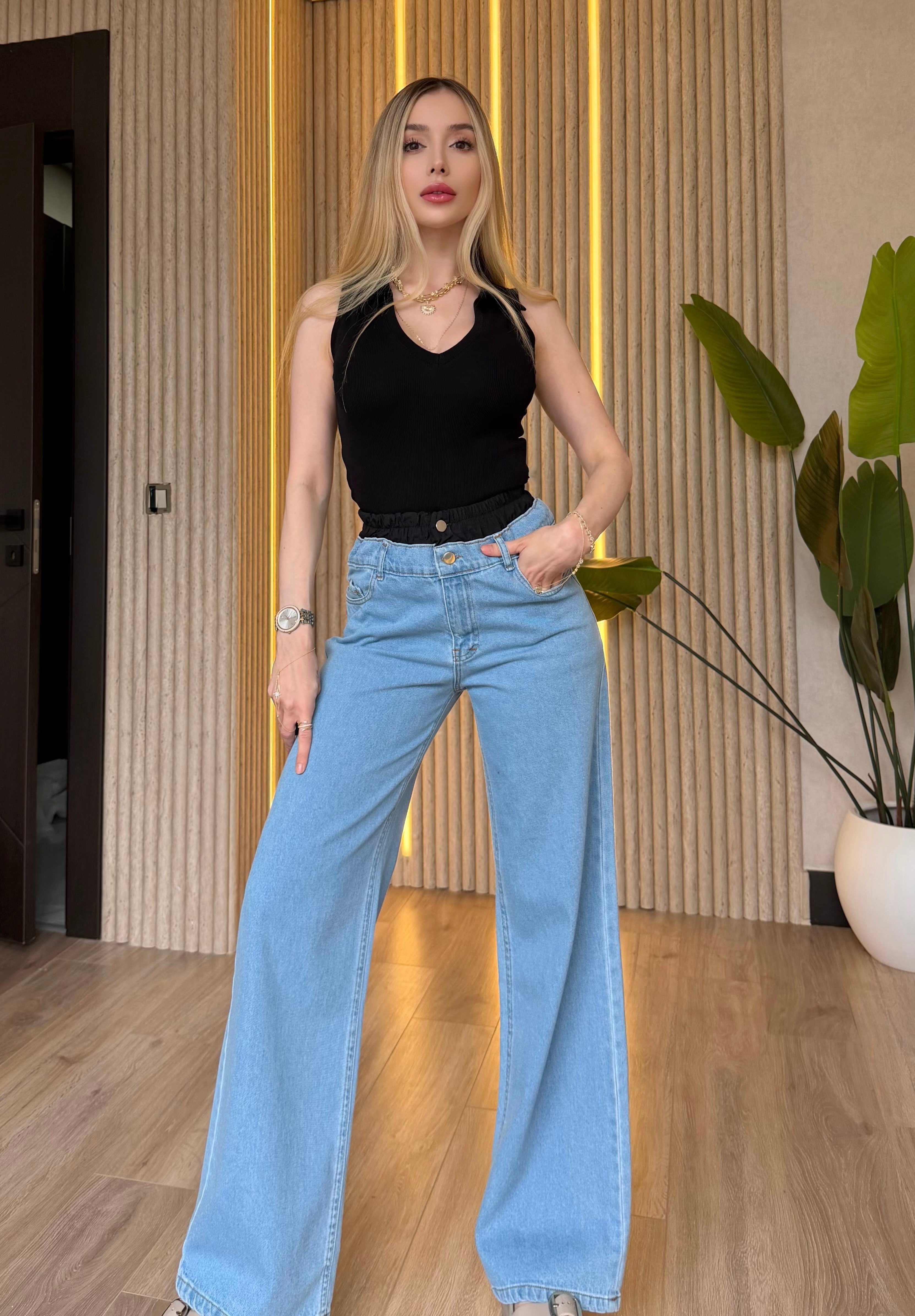 Monaco Wide Leg Çift Bel Düğmeli Jean Pantolon