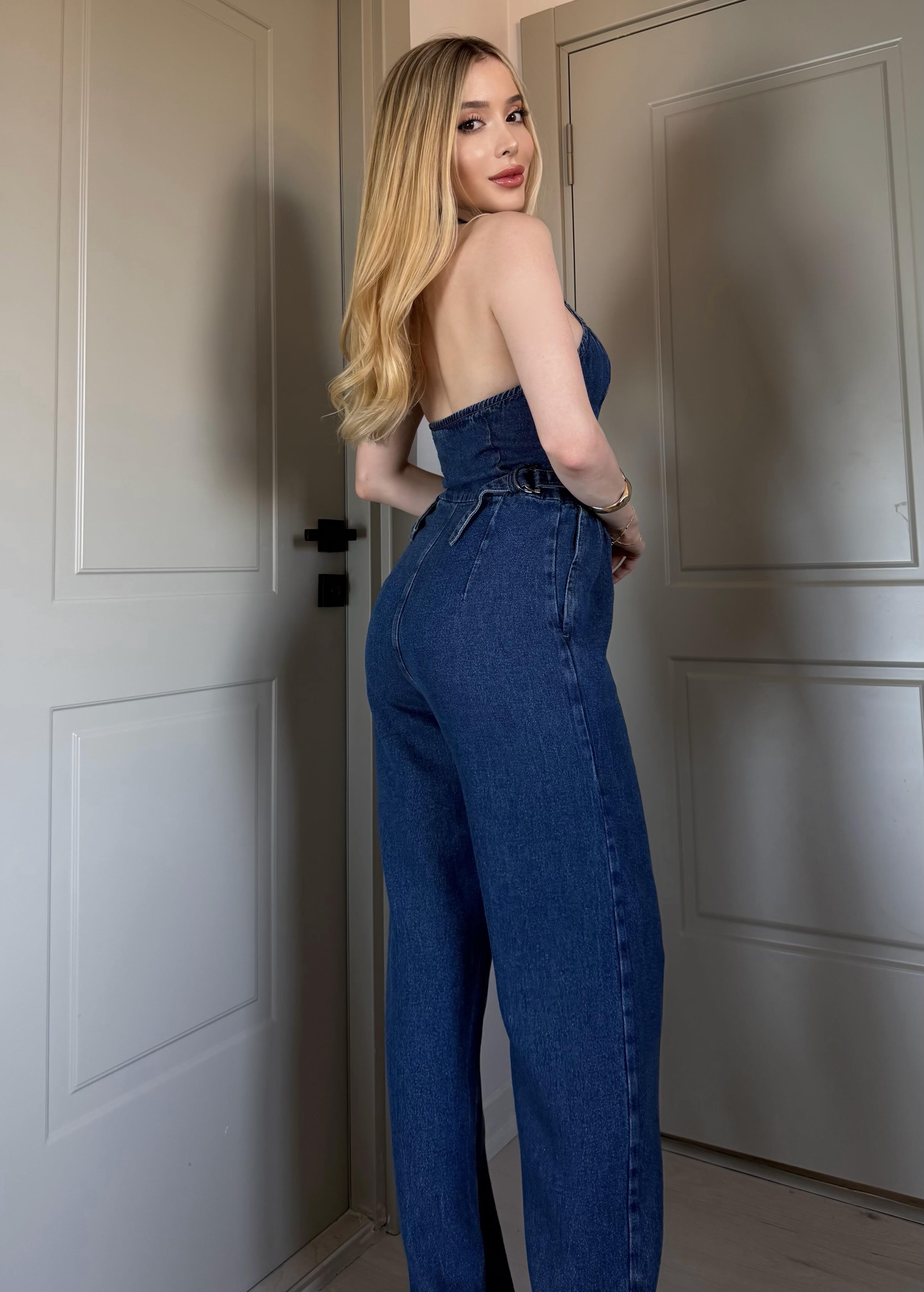 Montera Denim Boyundan Bağlamalı Tokalı Tulum