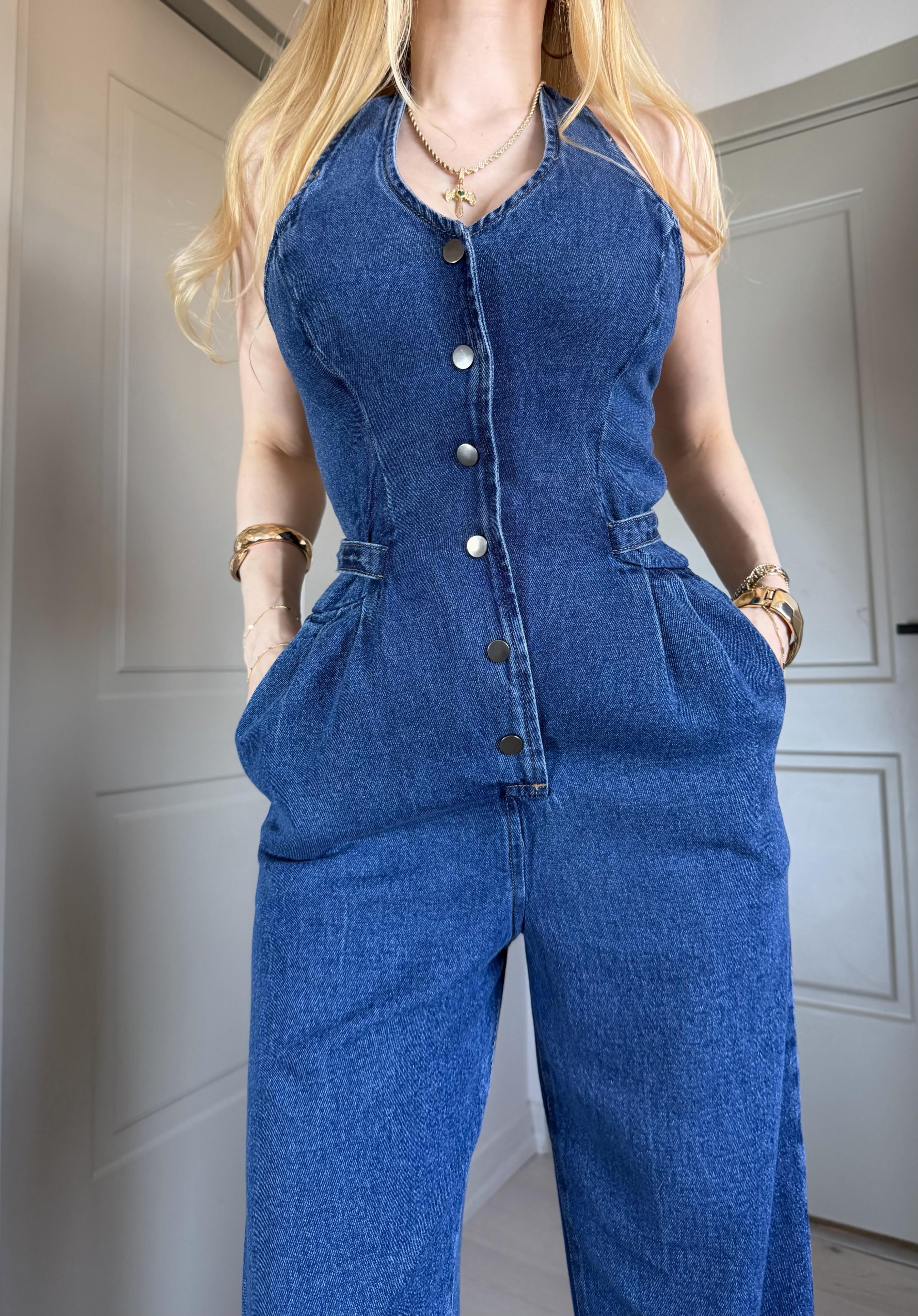 Montera Denim Boyundan Bağlamalı Tokalı Tulum