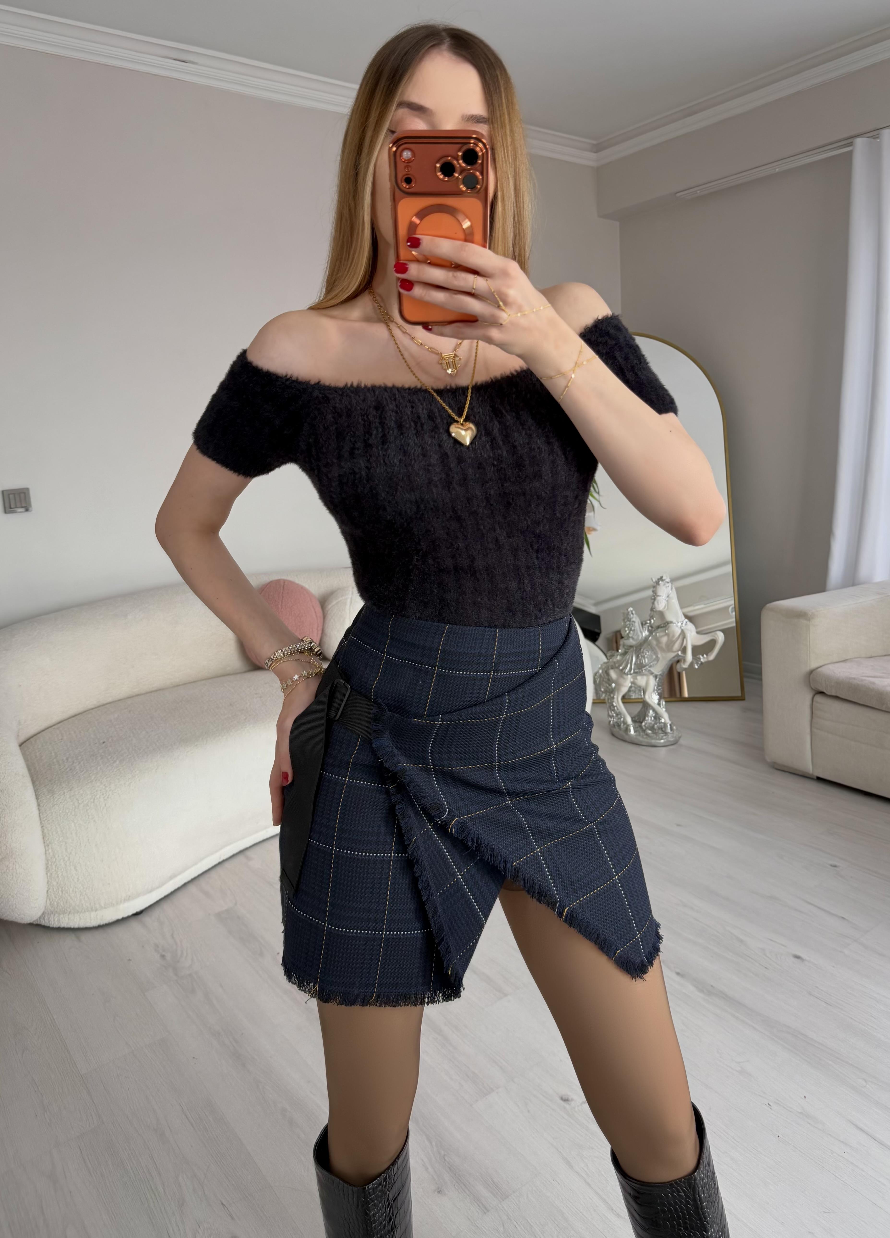 Noir Check Asimetrik Mini Etek