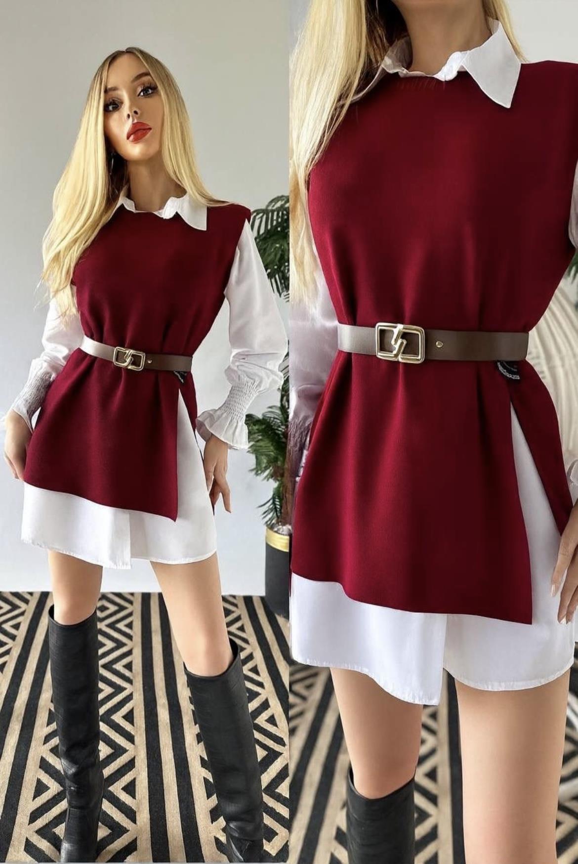 Poplin Kumaş Gömlek Triko Süveter ve Kemerden Oluşan 3Lü Takım