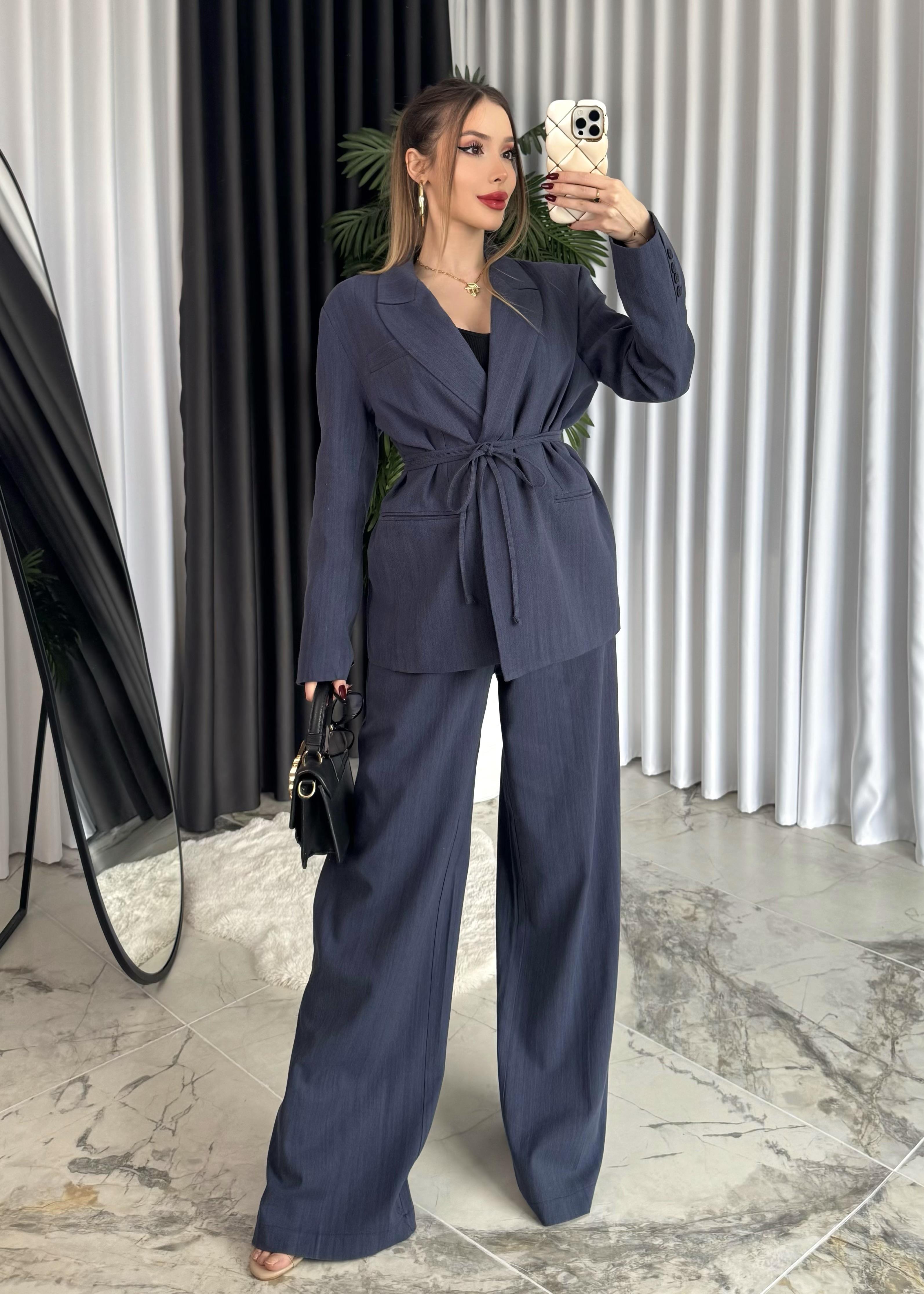 Premium Kalite %100 Keten Kumaş İçi Astarlı Yüksek Bel Vatkalı Blazer Ceket-Pantolon Takım