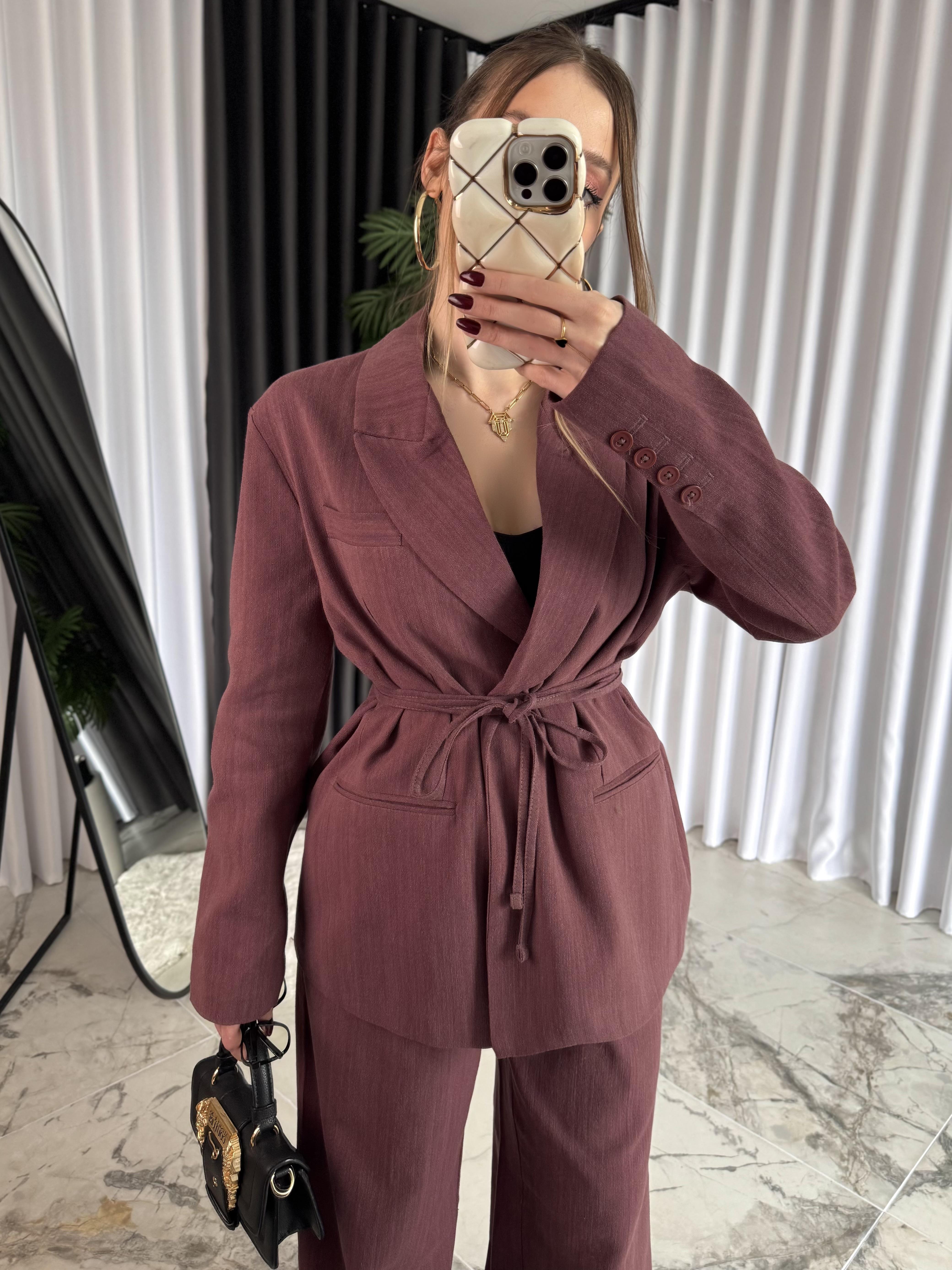 Premium Kalite %100 Keten Kumaş İçi Astarlı Yüksek Bel Vatkalı Blazer Ceket-Pantolon Takım
