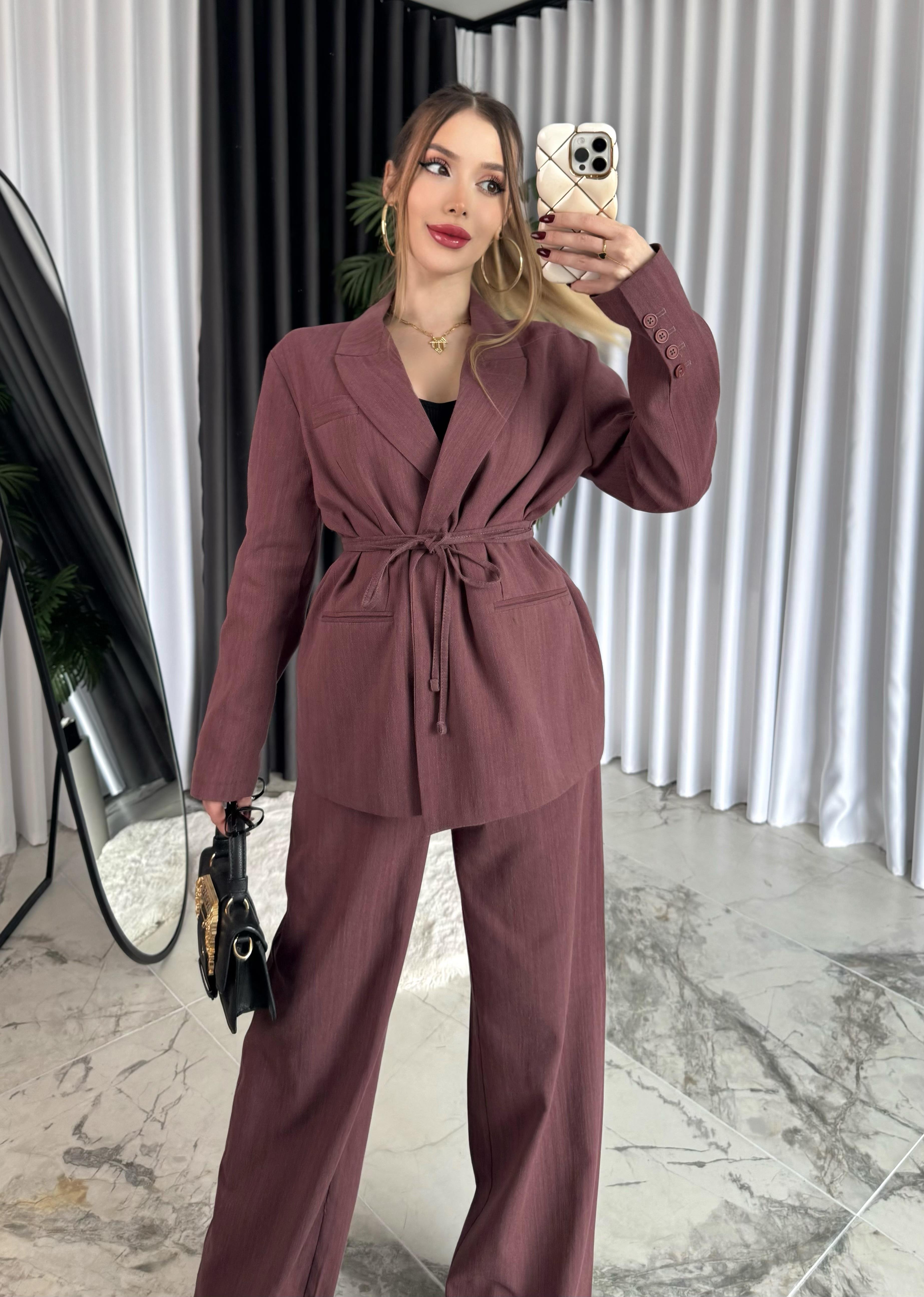 Premium Kalite %100 Keten Kumaş İçi Astarlı Yüksek Bel Vatkalı Blazer Ceket-Pantolon Takım