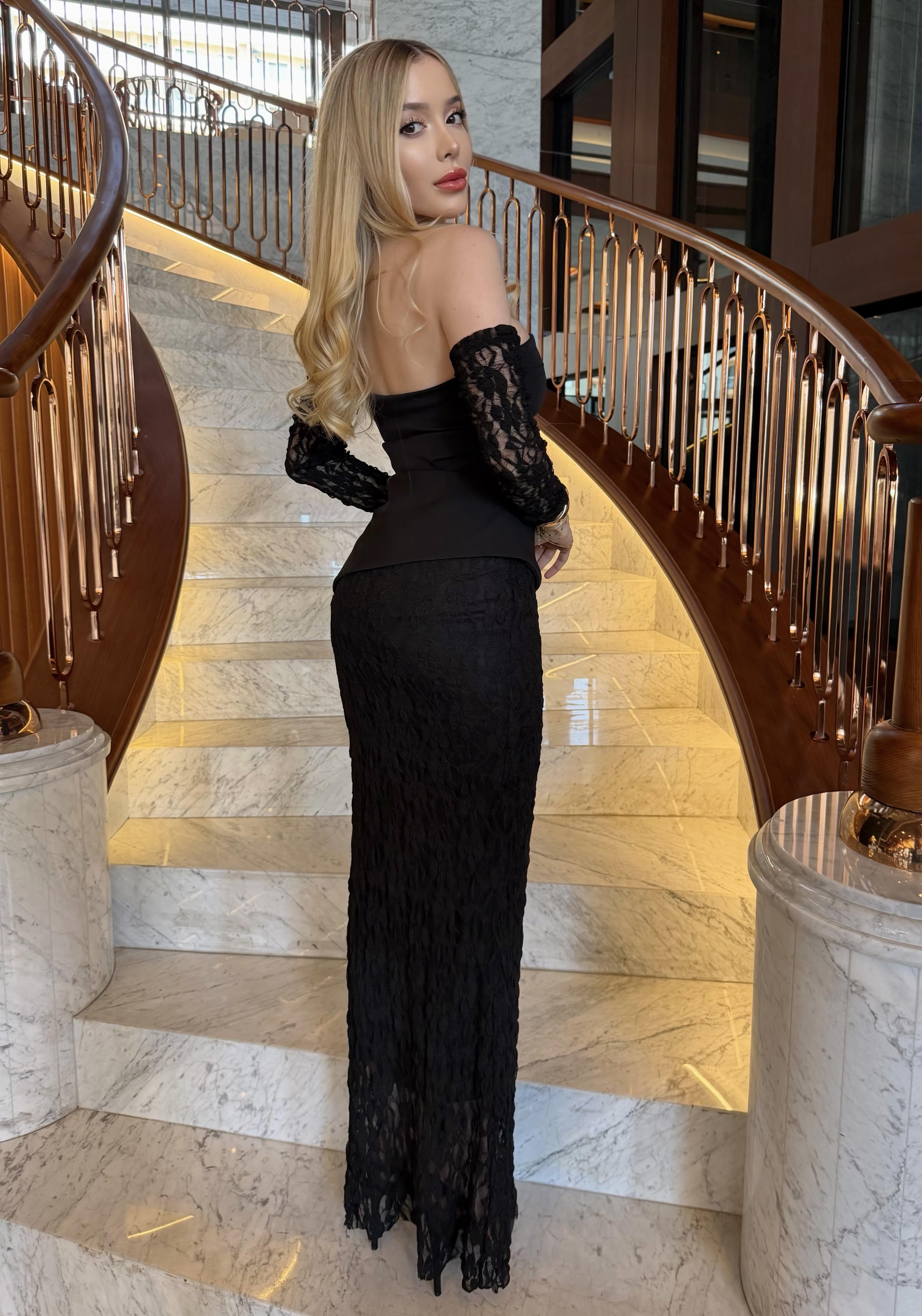 Premium Veloura Royale Dantel Elbise Takım Siyah