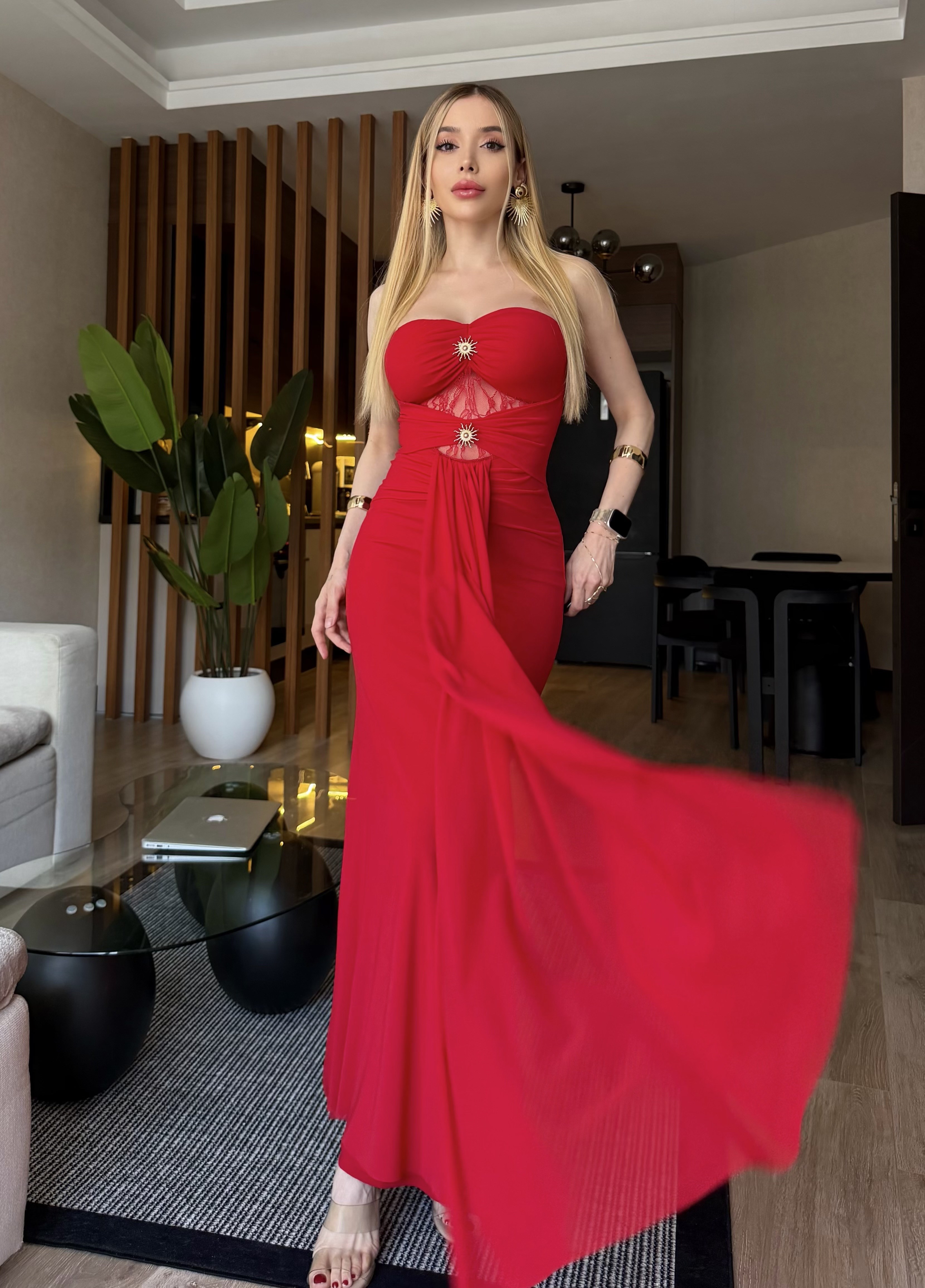 Rosalia Premium Gold Tokalı Dantel Detaylı Elbise