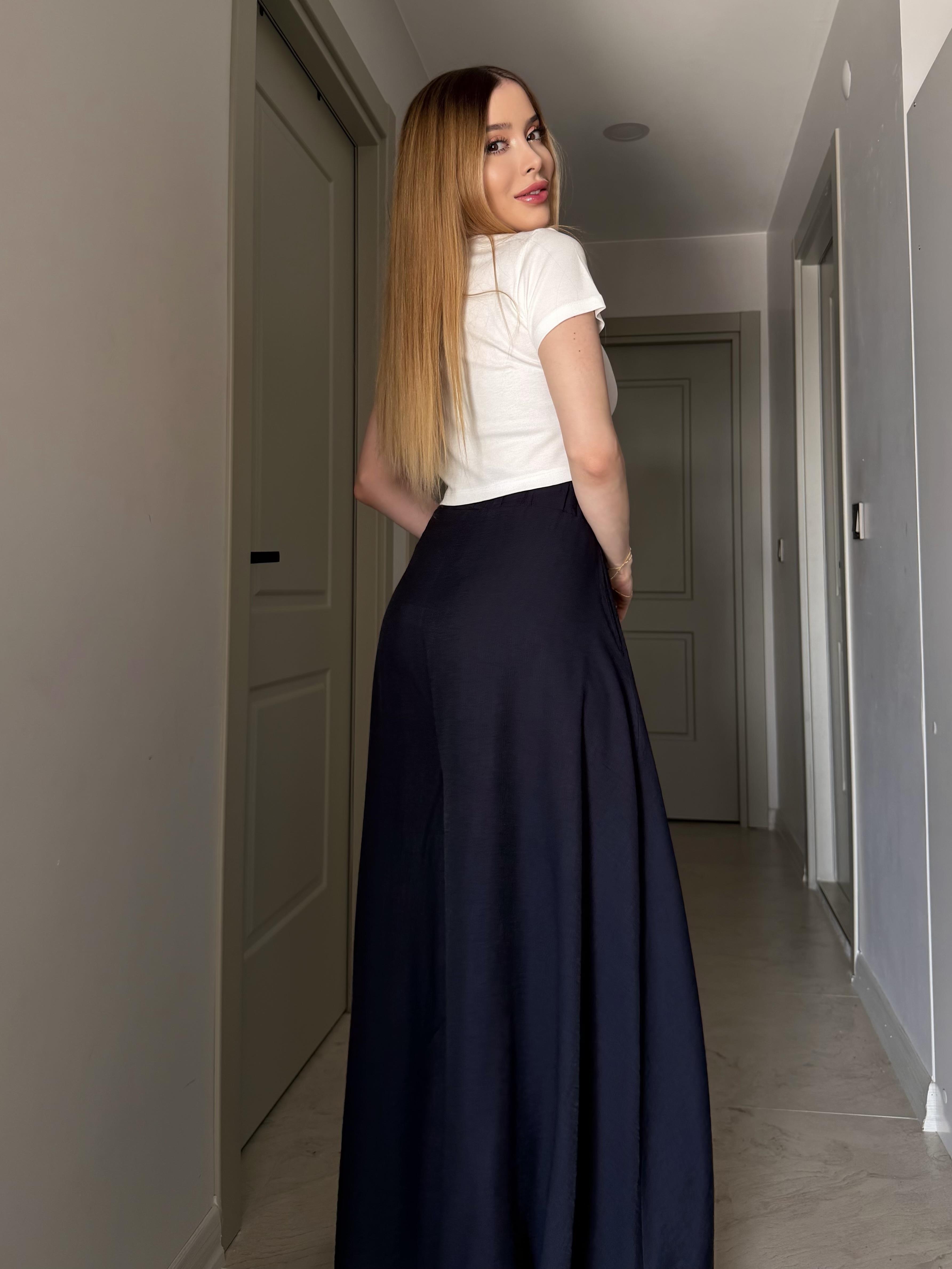 Yanları Cepli, Bağlama Detaylı SilkTouch Wide Elegance Pantolon Lacivert