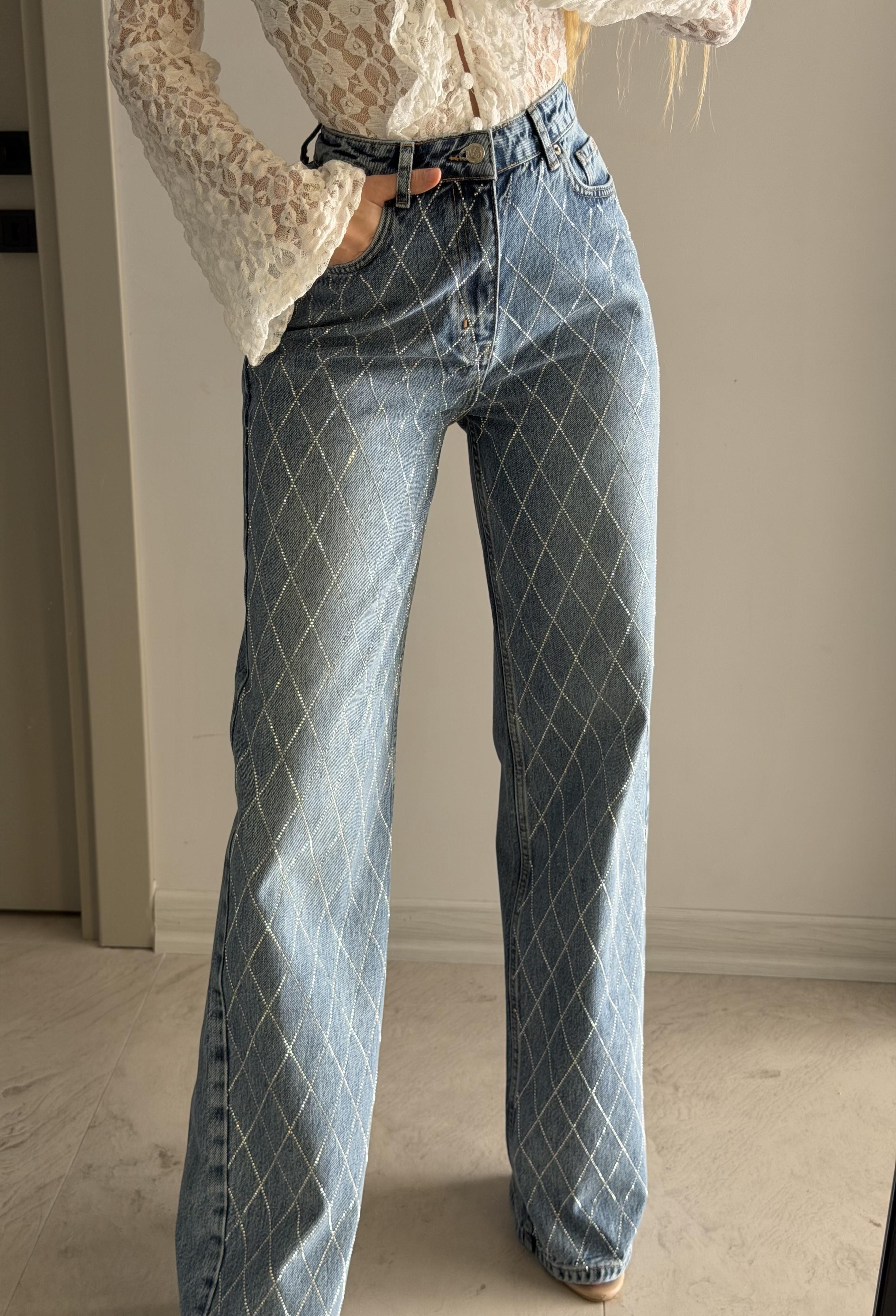 Yüksek Bel Blue Diamond Shine Jean Pantolon