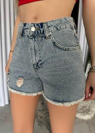 Crystal Touch Yüksek Bel Taş İşlemeli Denim Şort