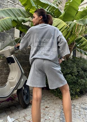 2 İplik %100 Pamuk Kumaş Yıkamalı Taşlı Oversize StoneFit Şortlu Takım