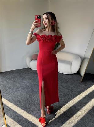 Atlas Kumaş Madonna Yaka Gül Broşlu Elbise 