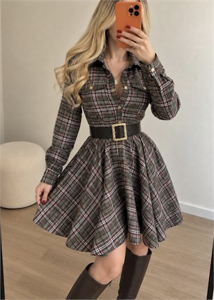 Autumn Muse Kemerli Ekose Elbise