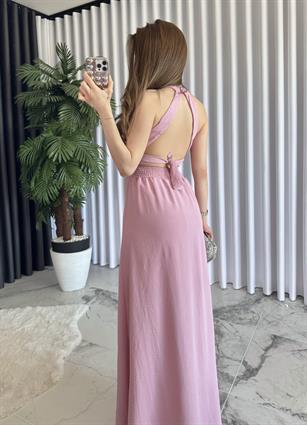 Bağlamalı Sırt Dekolteli Krep Maxi Elbise