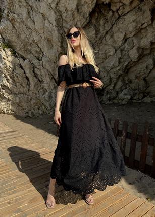 Brode Kumaş Madonna Yaka İçi Astarlı Tokalı Hasır Kemerli Alessia Elbise