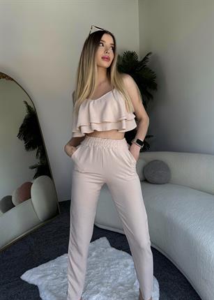 Crep Kumaş Havuç Pantolon Ve Askı boyu Ayarlanabilen Katlı Crop Takım