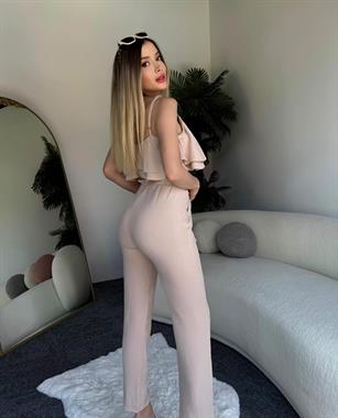 Crep Kumaş Havuç Pantolon Ve Askı boyu Ayarlanabilen Katlı Crop Takım